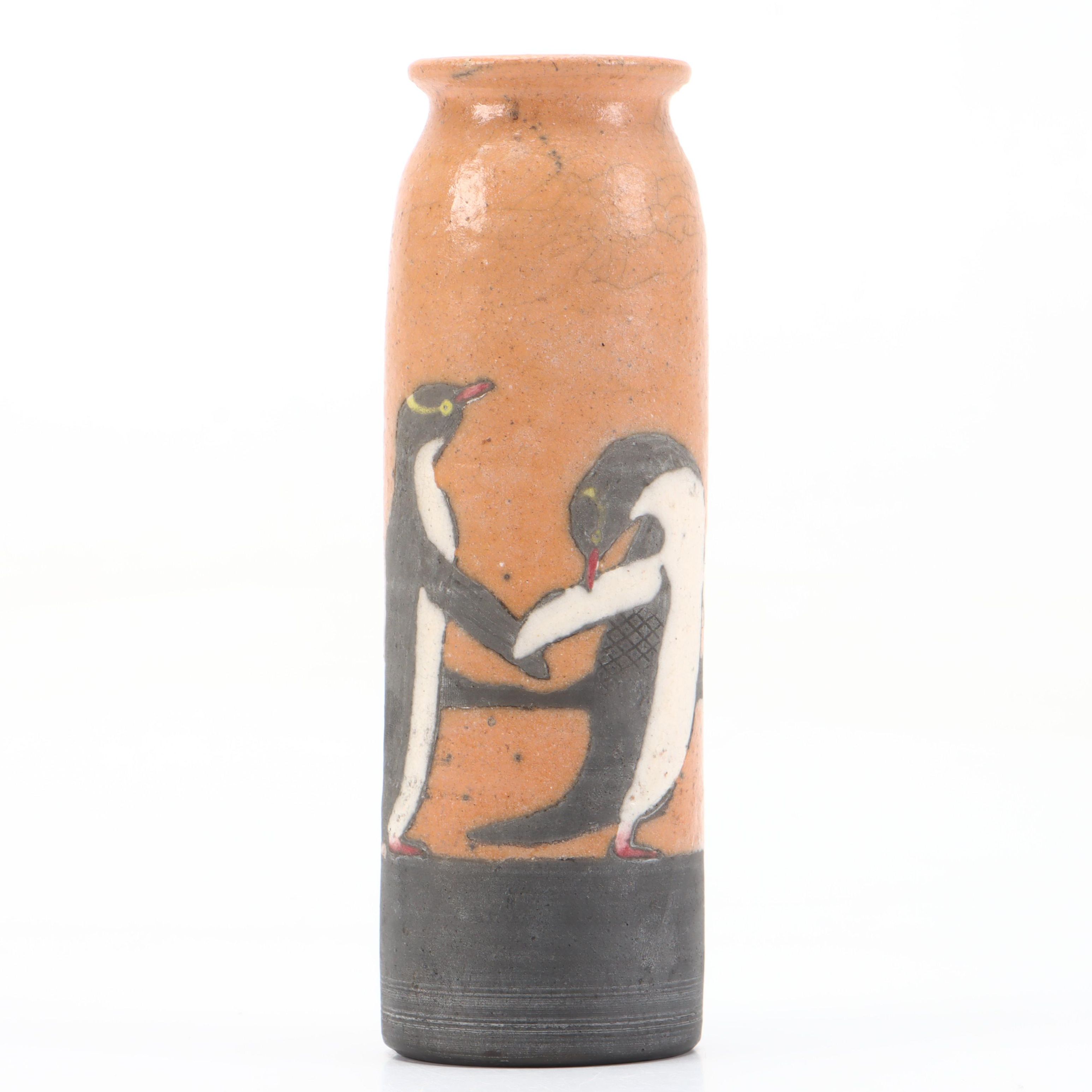 Handmade Penguin Motif Ceramic Vase, 20th Century