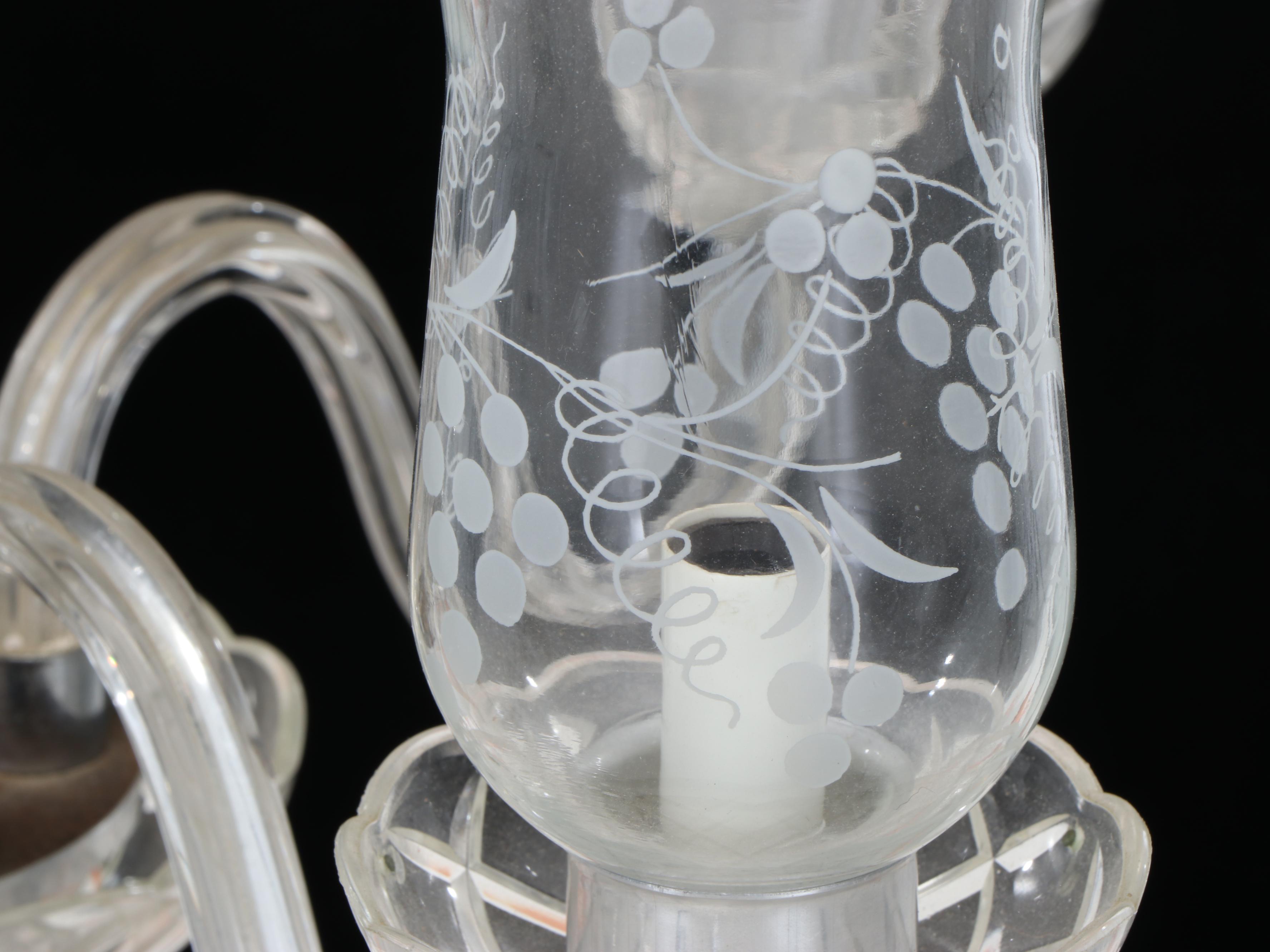 Venetian Style Cut and Etched Glass Five-Arm Chandelier