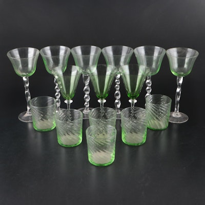 Art Deco Style Uranium Glass Twist Stem Wine Glasses and Other Glassware Art Deco Style Uranium Glass Twist Stem Wine Glasses and Other Glassware
