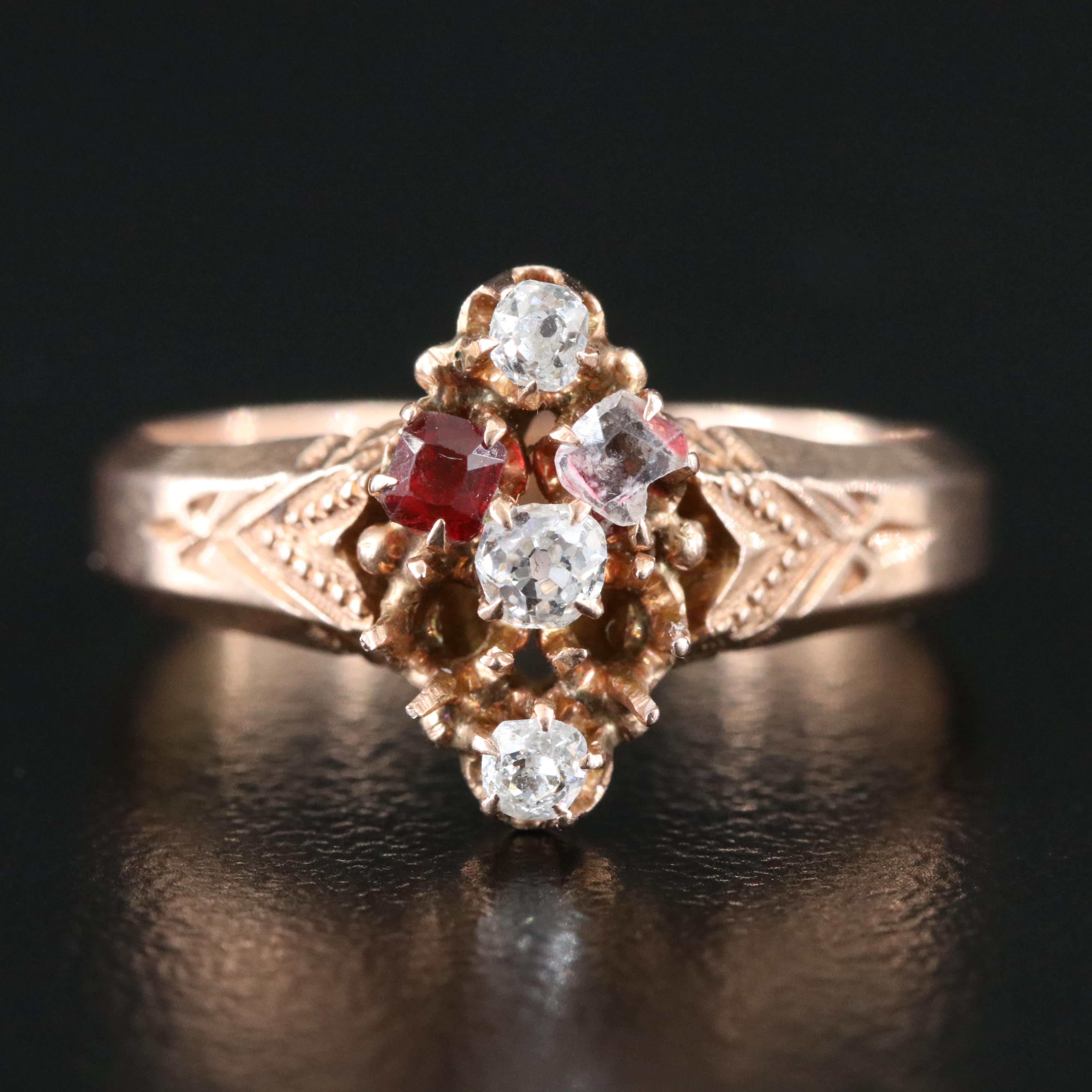 14K Victorian Rose Gold Diamond and Garnet Doublet Navette Ring