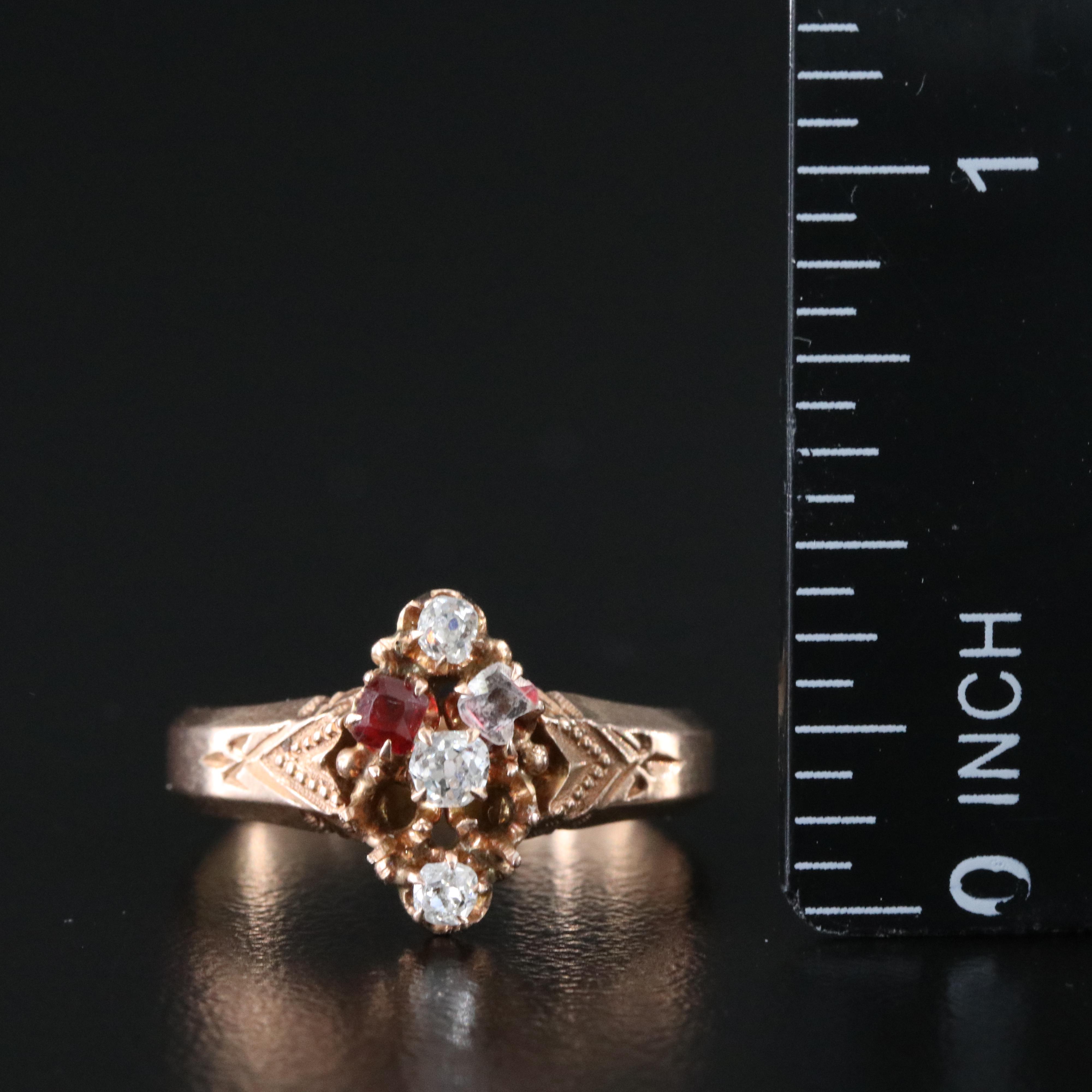 14K Victorian Rose Gold Diamond and Garnet Doublet Navette Ring