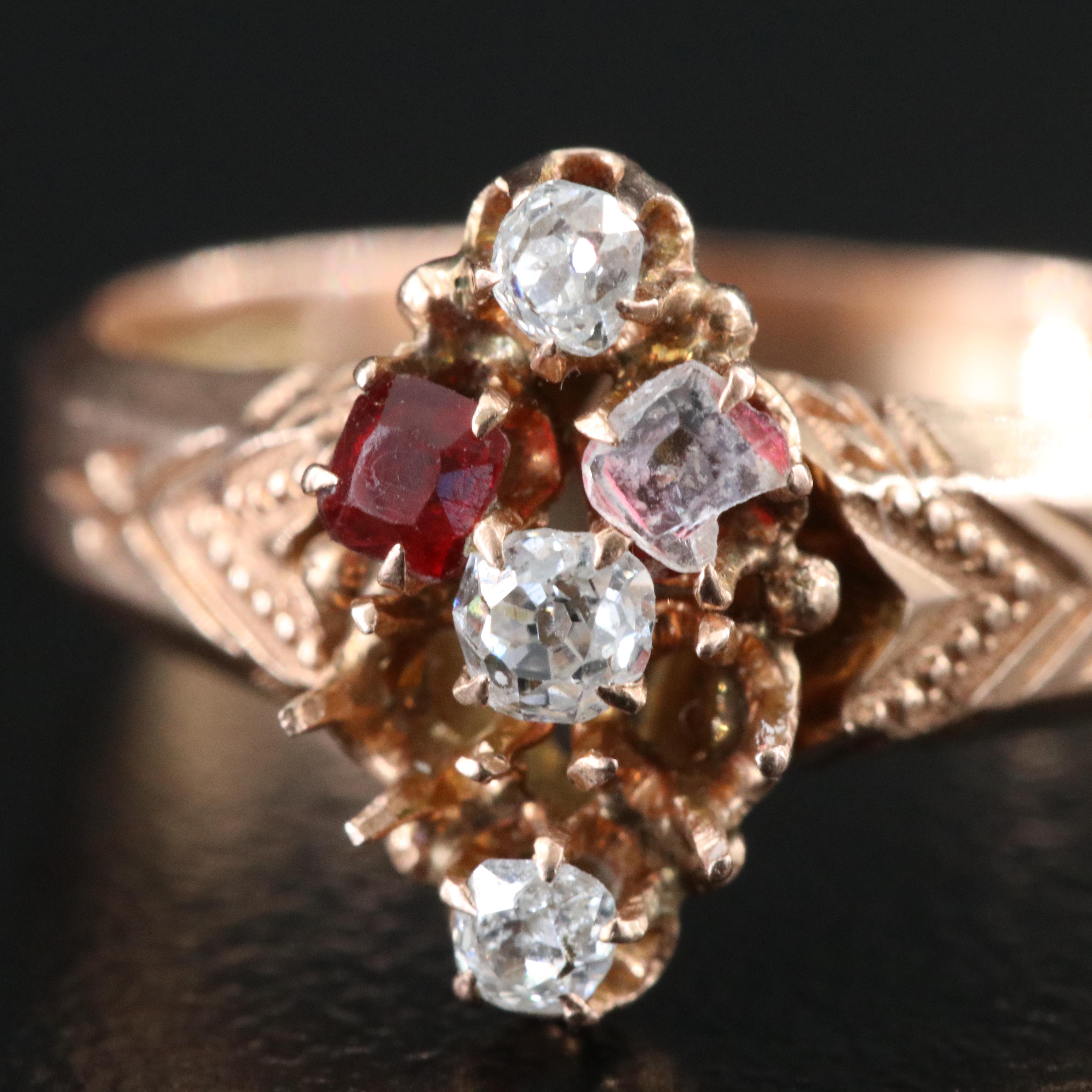 14K Victorian Rose Gold Diamond and Garnet Doublet Navette Ring