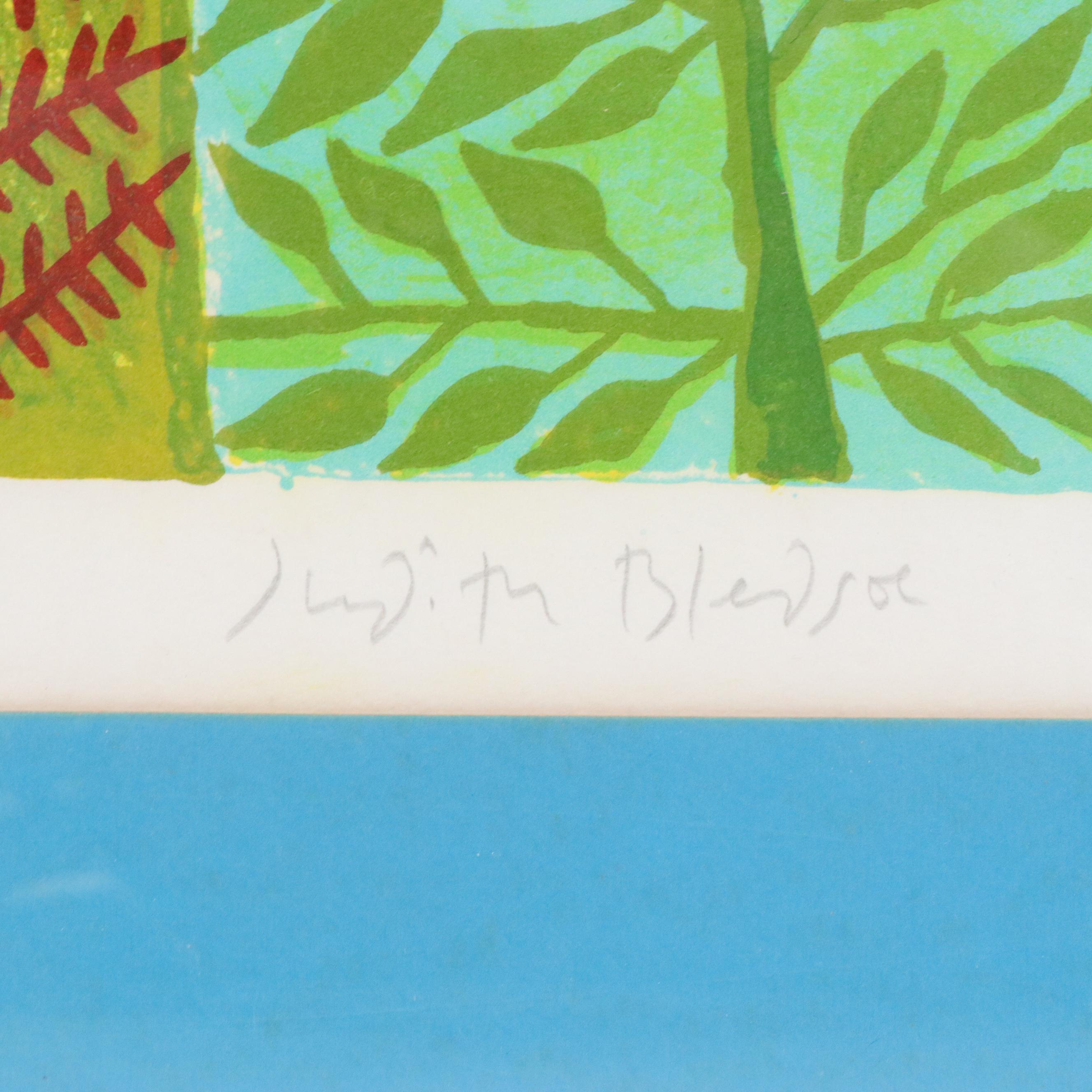 Judith Bledsoe Modernist Landscape Color Lithograph, Circa 1960