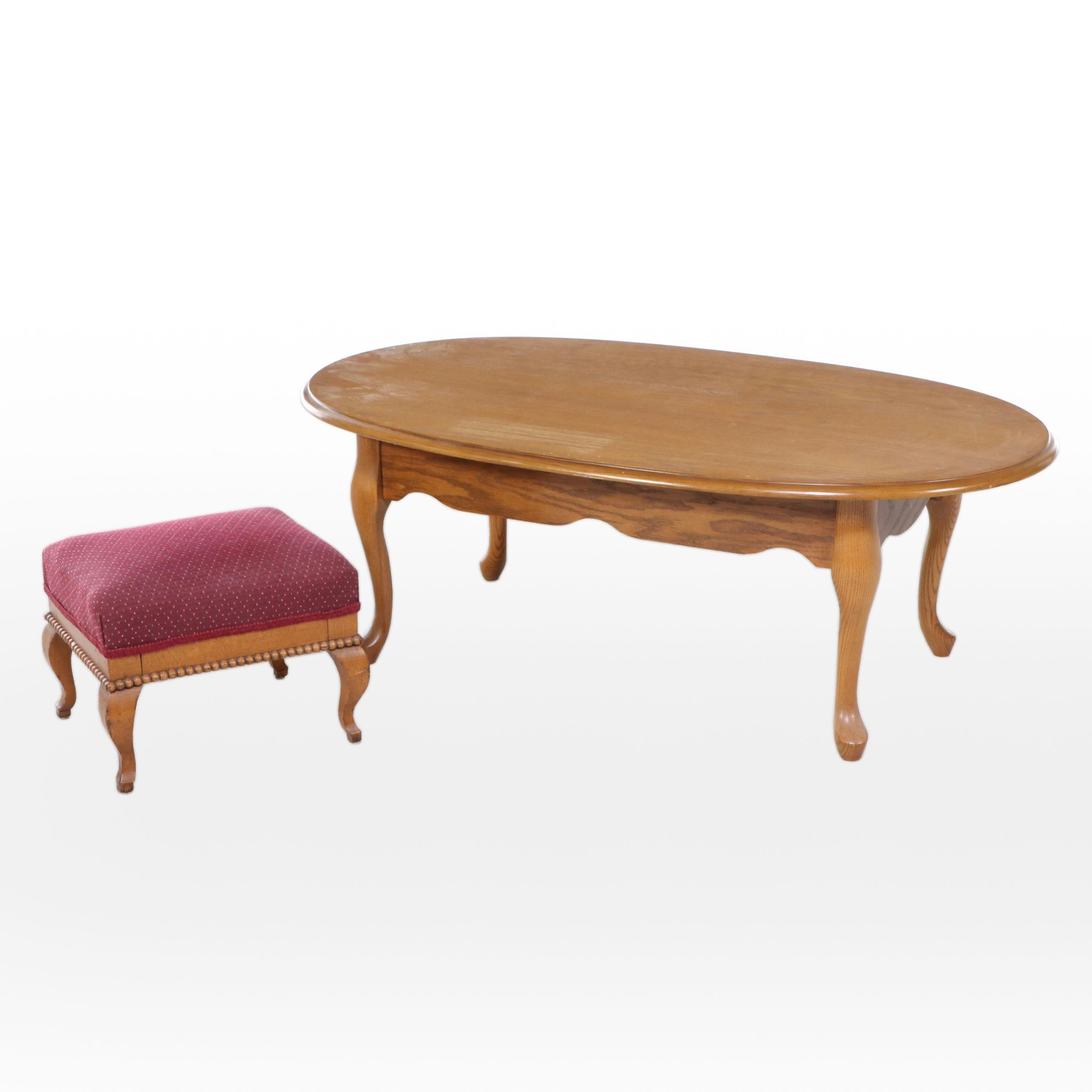 Queen Anne Style Oak Coffee Table and Colonial Revival Quartersawn Oak Footstool