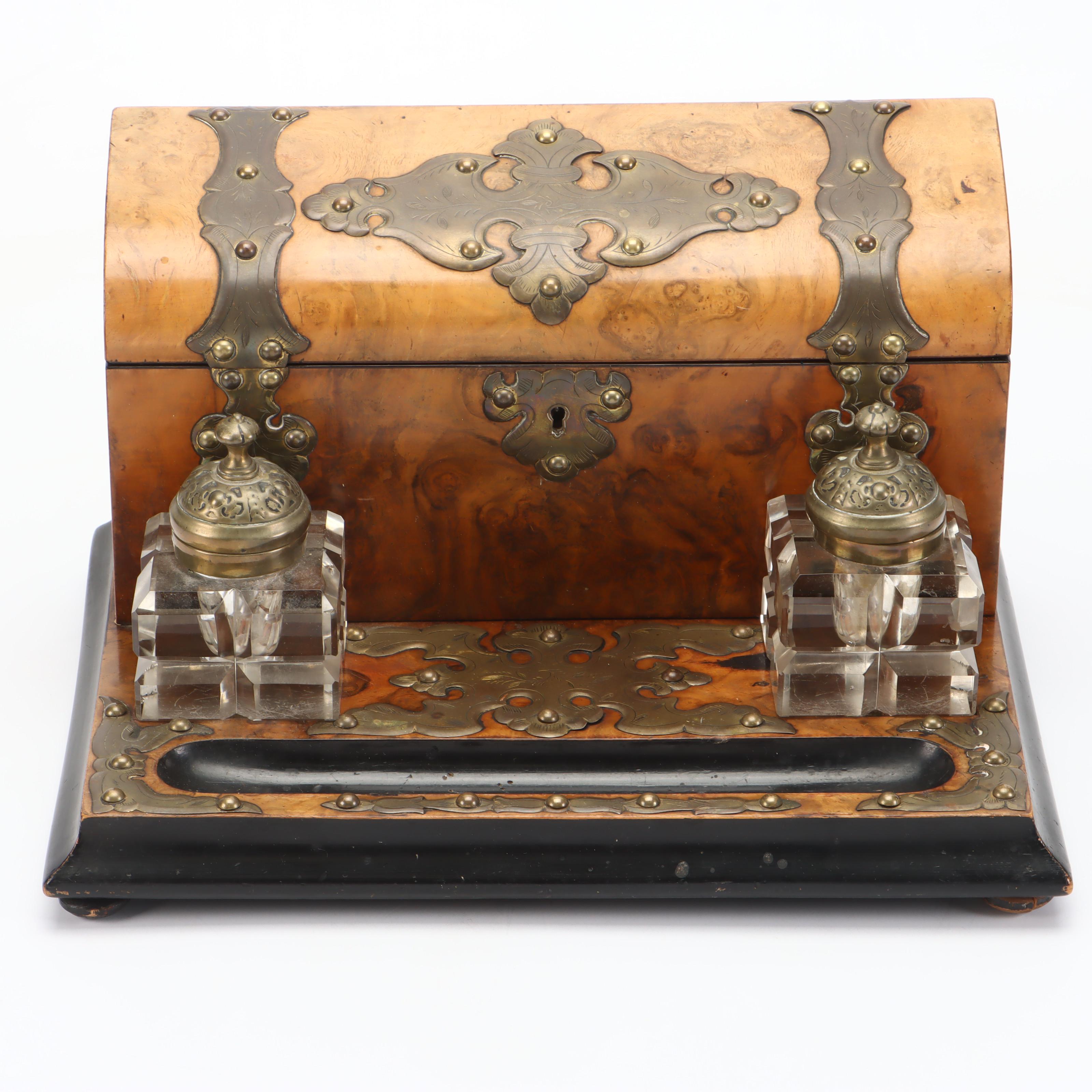 Victorian Double Inkwell Desk Set with Walnut Burl Letter Box