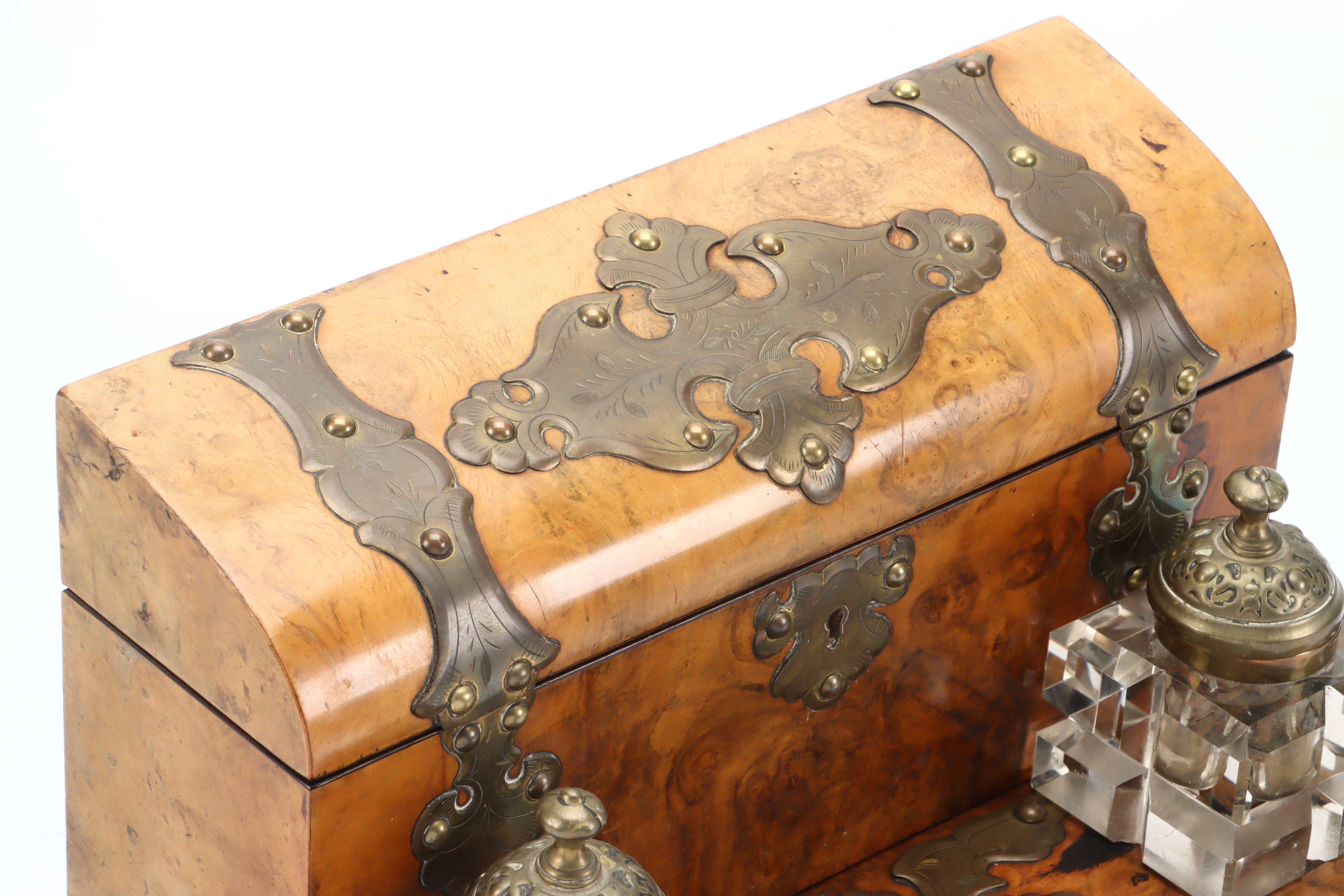 Victorian Double Inkwell Desk Set with Walnut Burl Letter Box