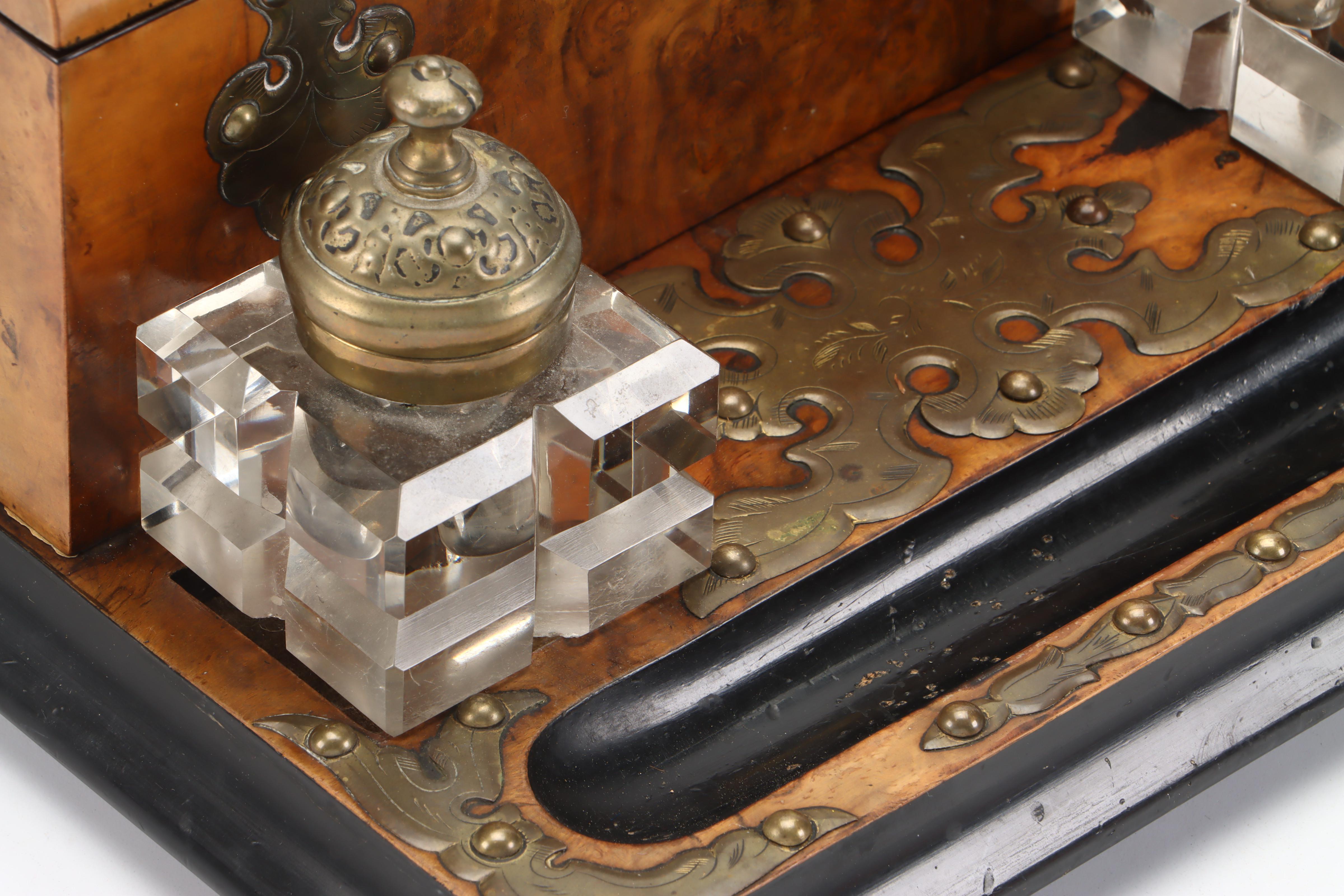 Victorian Double Inkwell Desk Set with Walnut Burl Letter Box
