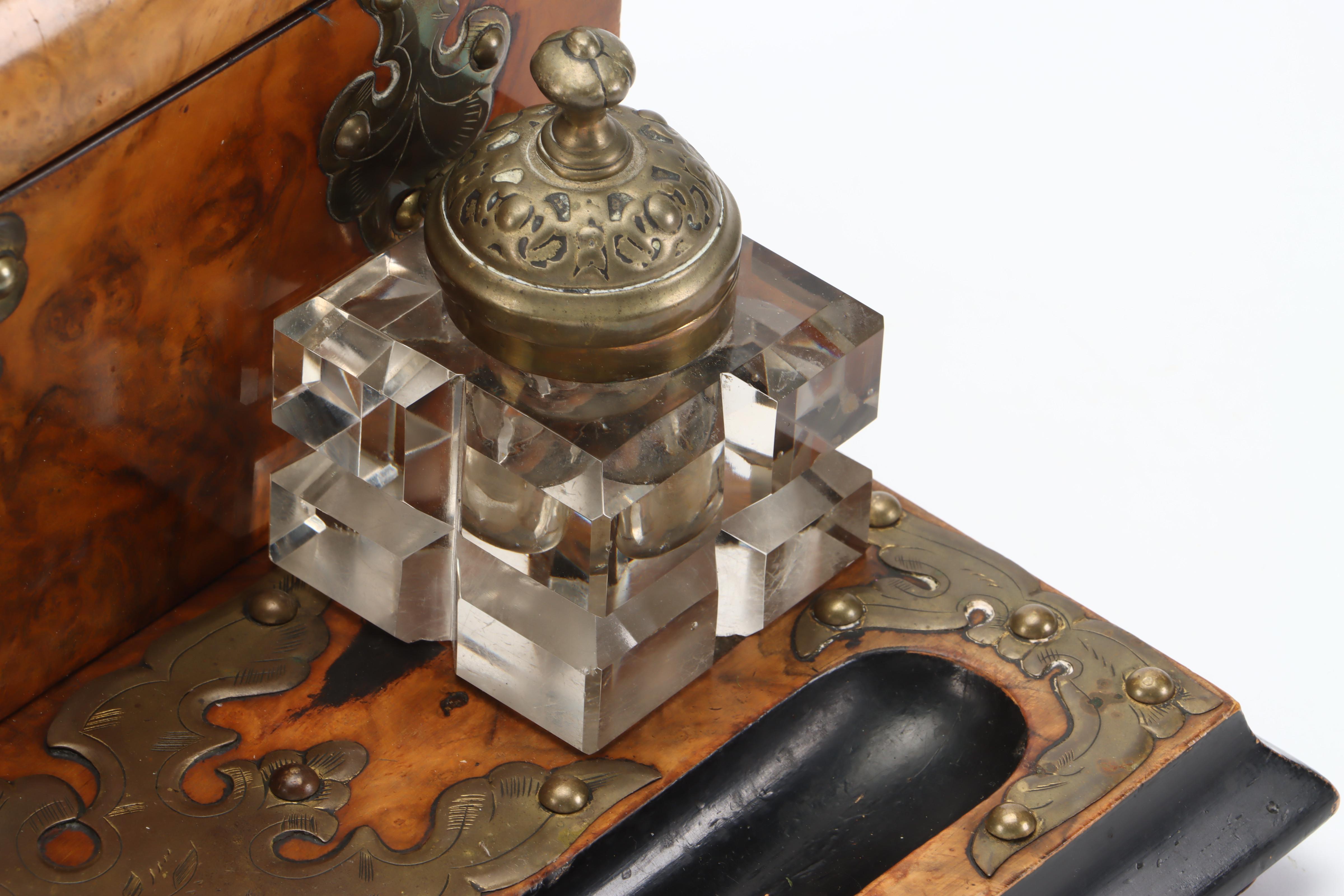 Victorian Double Inkwell Desk Set with Walnut Burl Letter Box