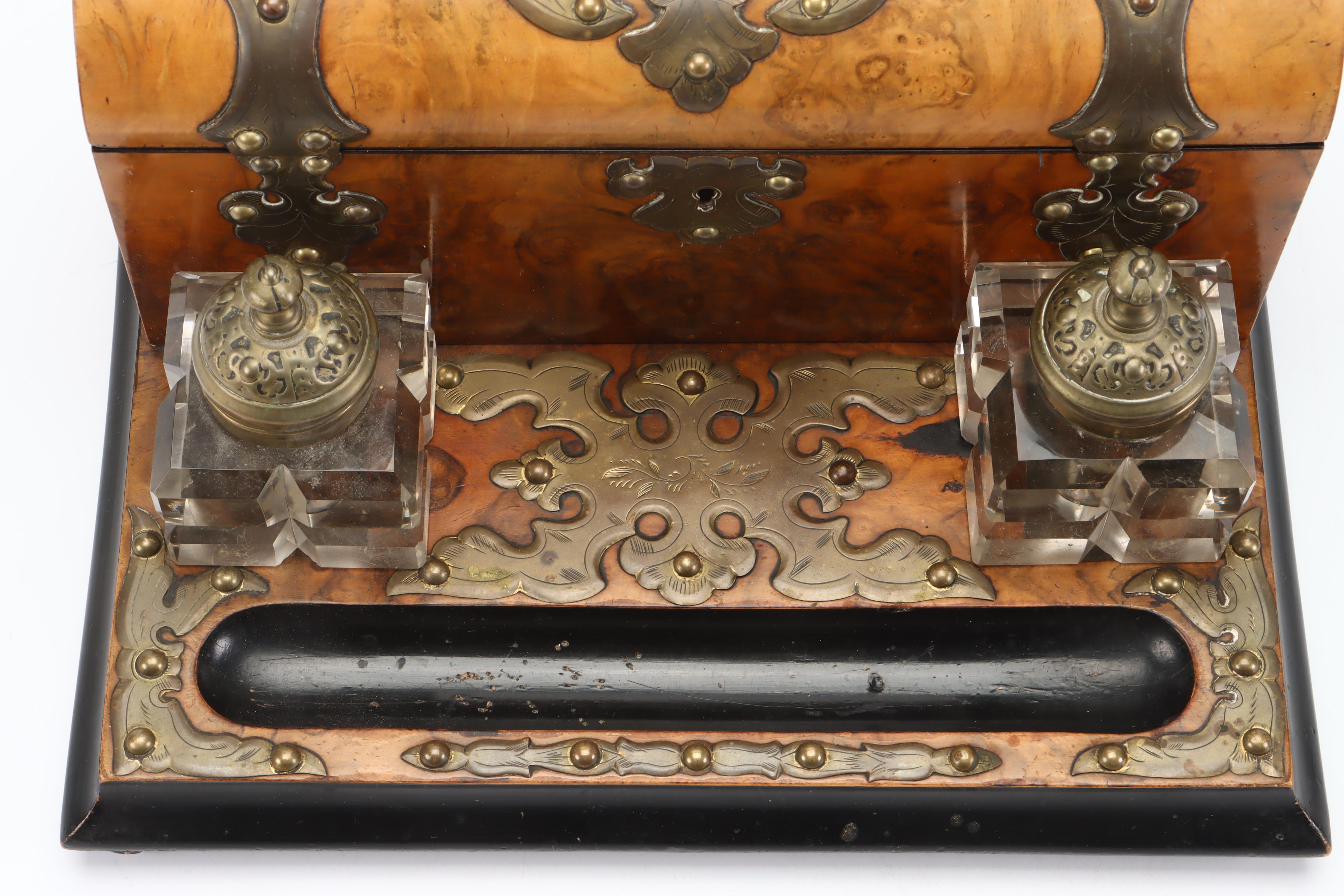 Victorian Double Inkwell Desk Set with Walnut Burl Letter Box