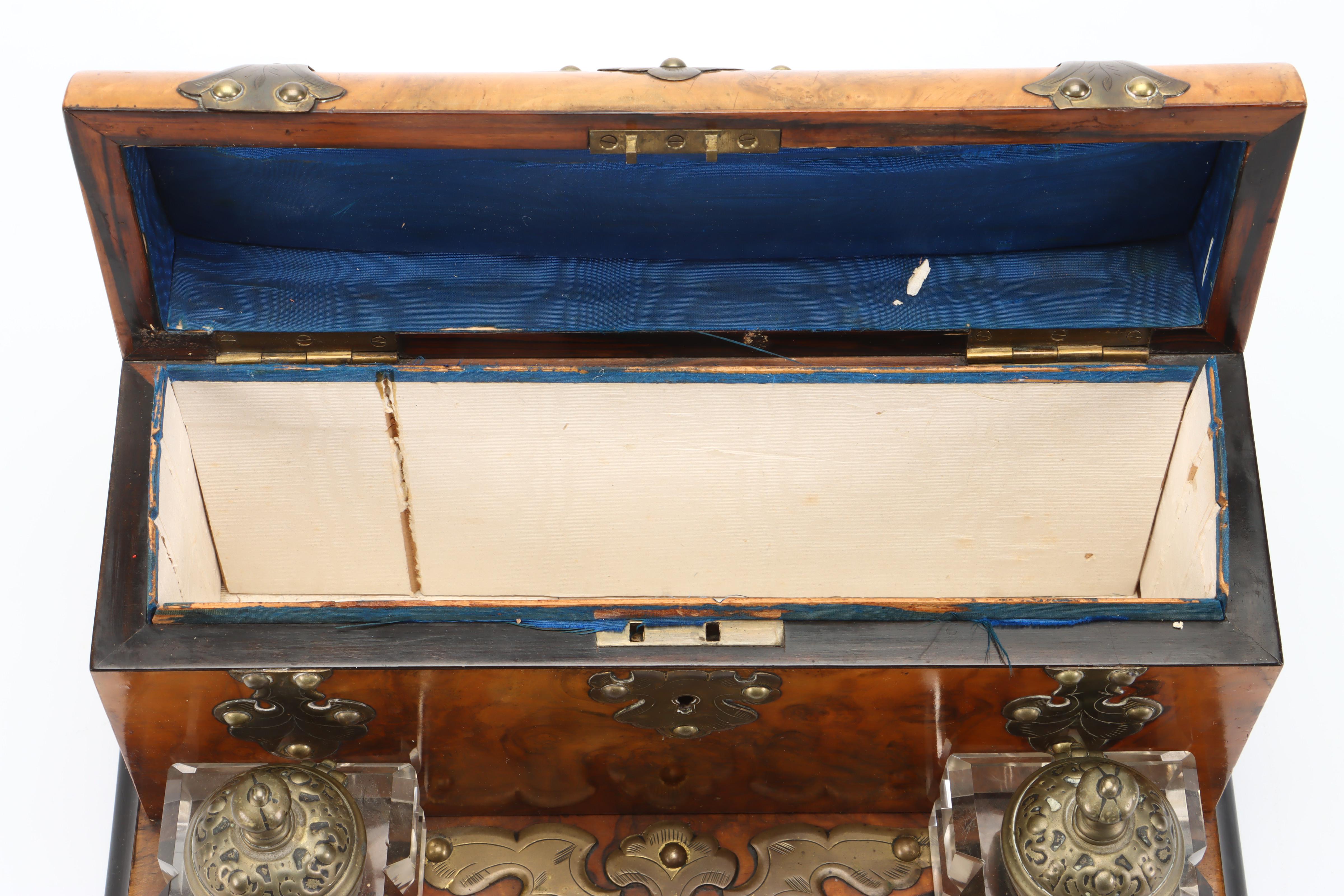 Victorian Double Inkwell Desk Set with Walnut Burl Letter Box