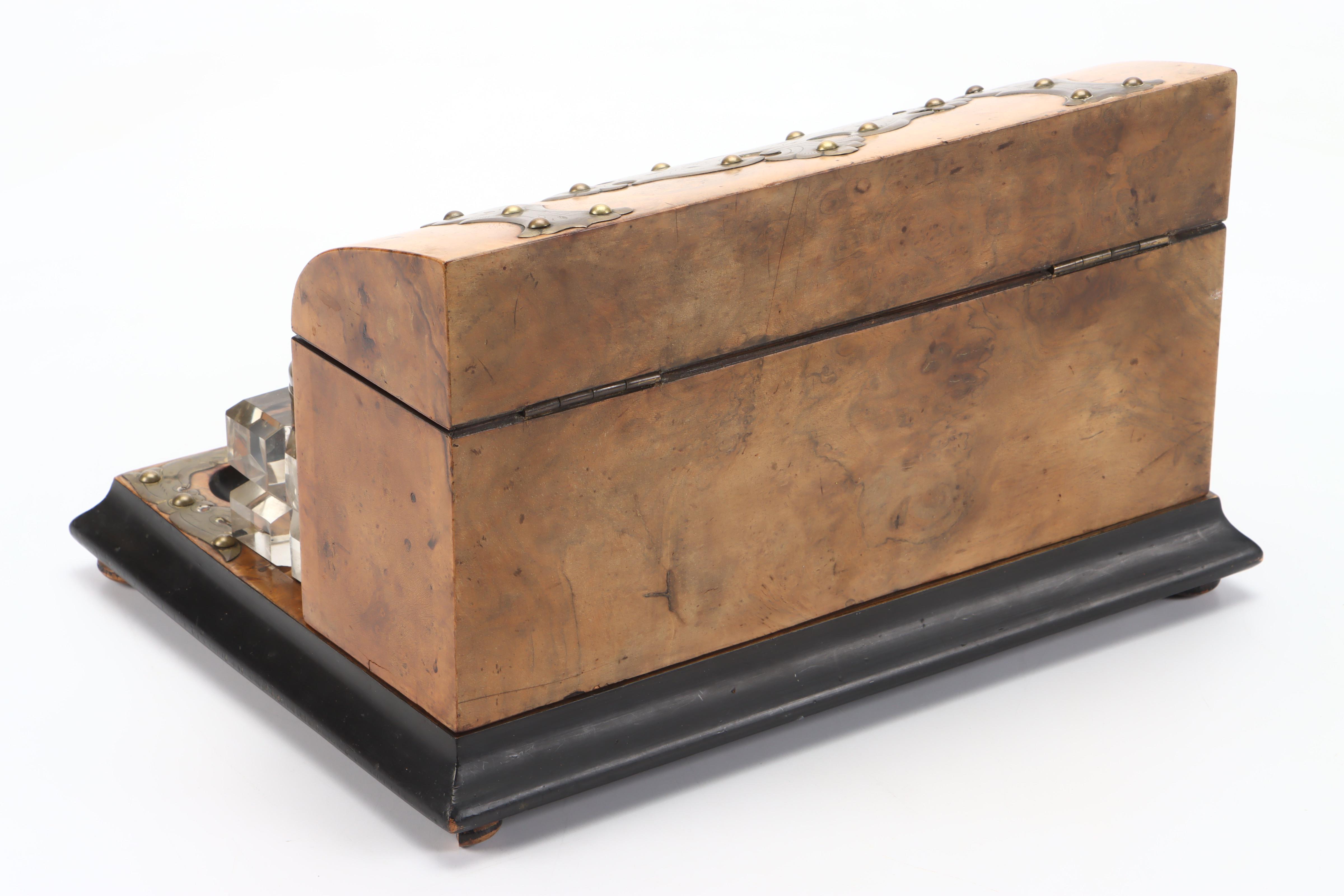 Victorian Double Inkwell Desk Set with Walnut Burl Letter Box