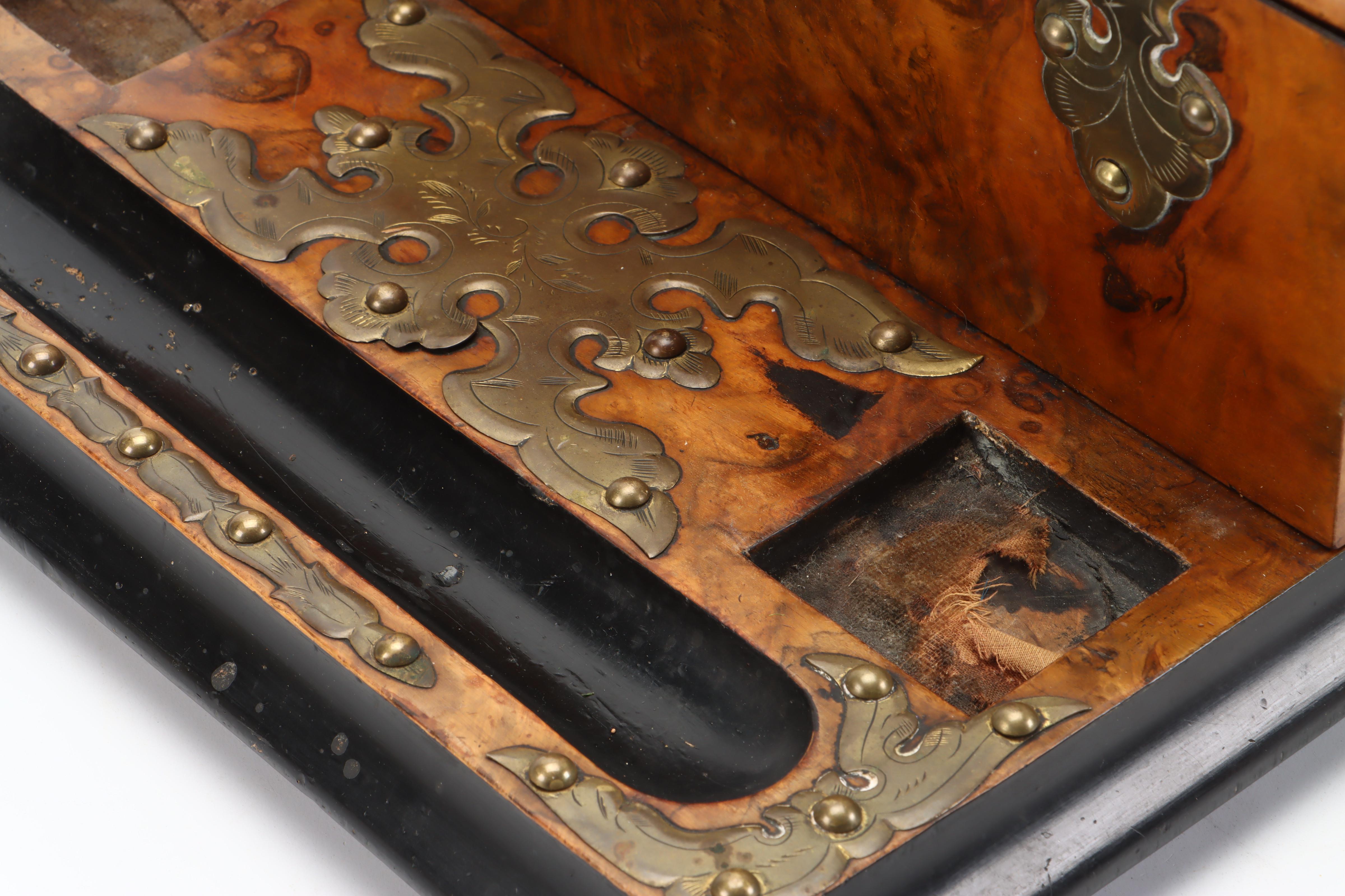 Victorian Double Inkwell Desk Set with Walnut Burl Letter Box