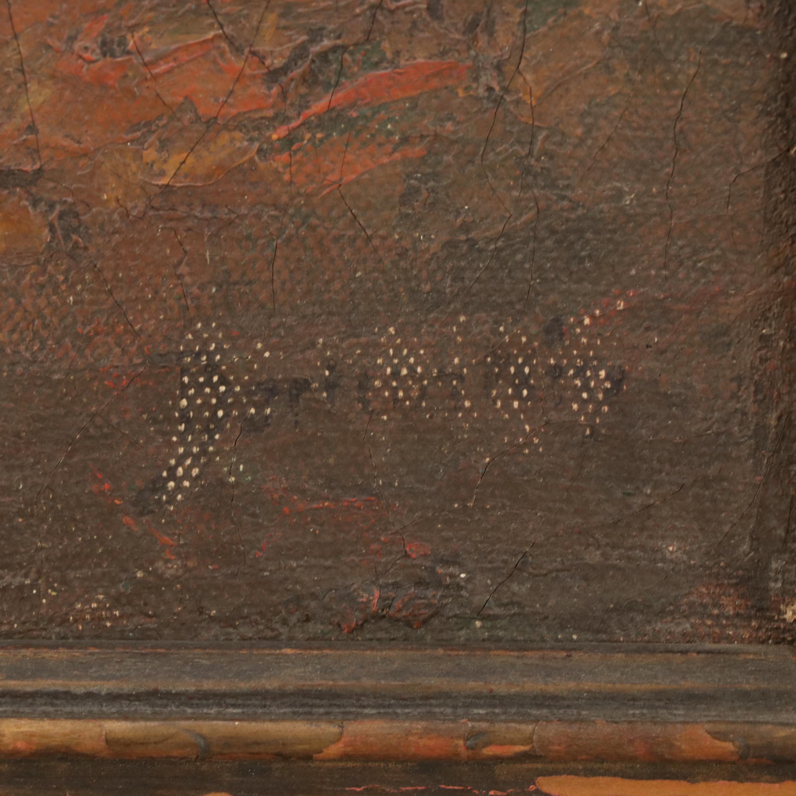 Scenic Oil Painting with Horse-Drawn Wagon, Early 20th Century