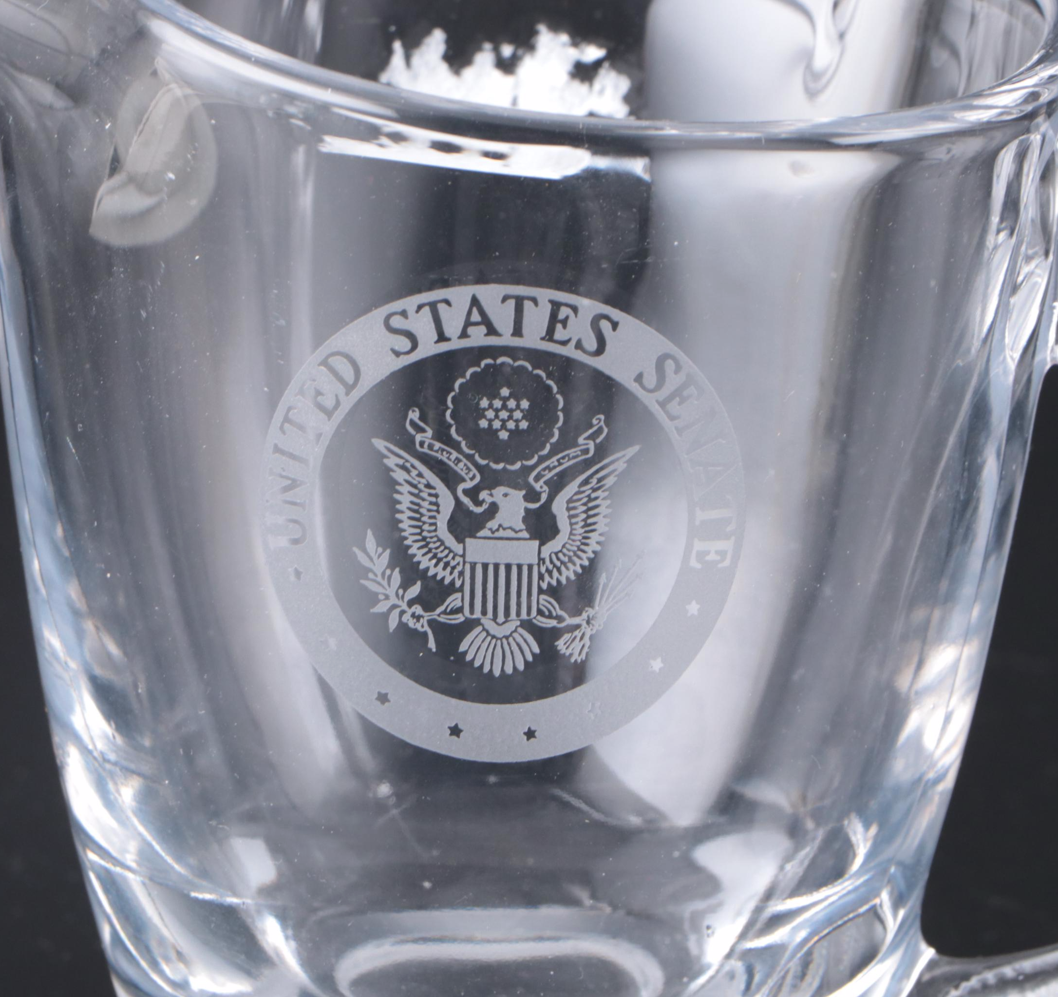 Etched Crystal Vase, Crystal Ice Bucket, and Glass U.S. Senate Pitcher