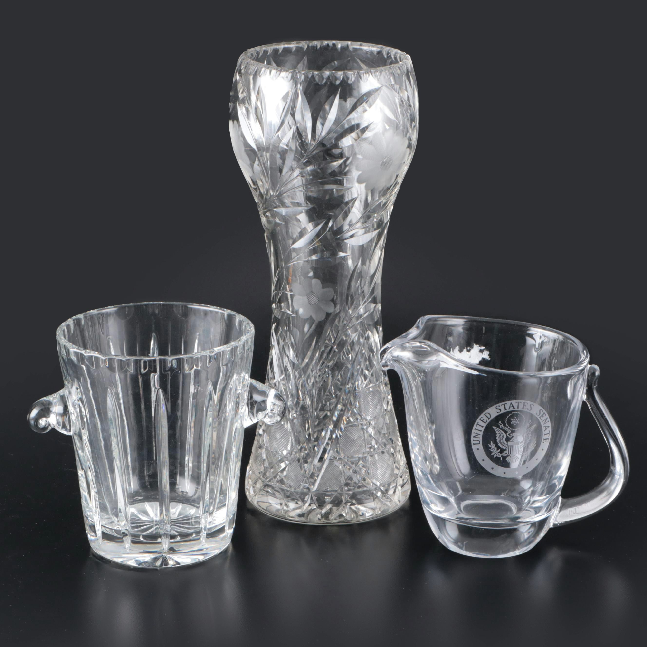 Etched Crystal Vase, Crystal Ice Bucket, and Glass U.S. Senate Pitcher