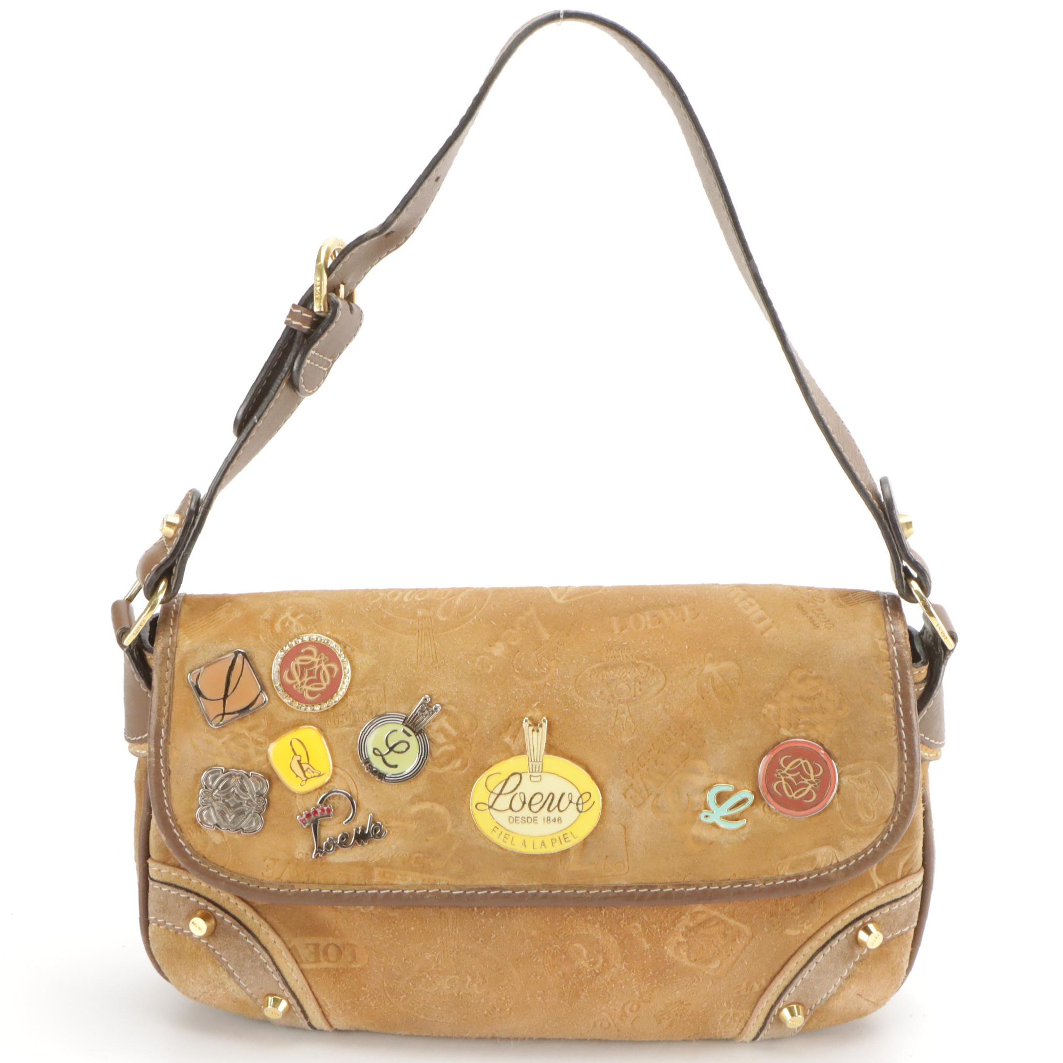 Loewe 160th Anniversary Embellished Shoulder Bag in Logo Embossed Suede