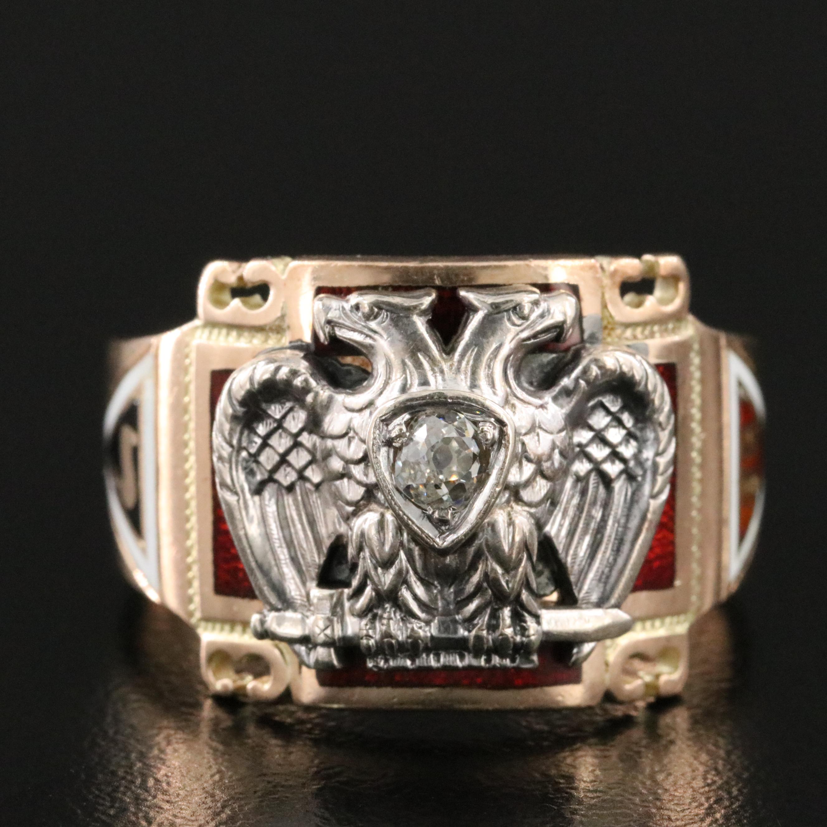 Antique Masonic 10K Tri-Color Gold Diamond Scottish Rite Ring