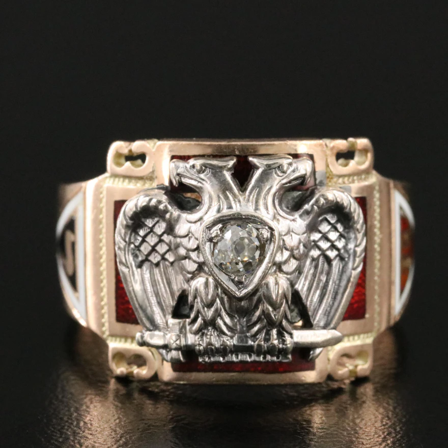 Antique Masonic 10K Tri-Color Gold Diamond Scottish Rite Ring | EBTH
