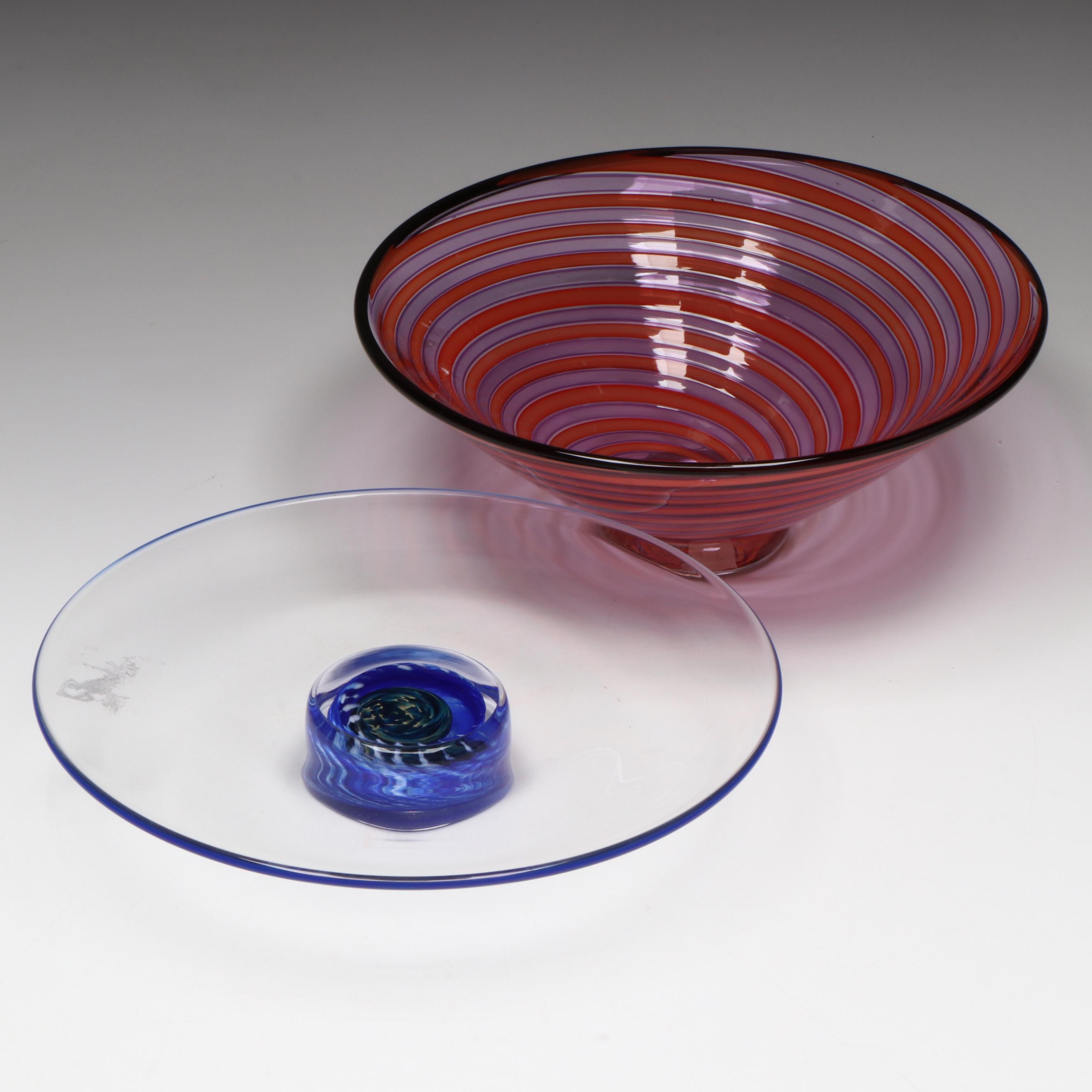 Artist Signed Glass Cake Stand and Swirl Glass Decorative Bowl