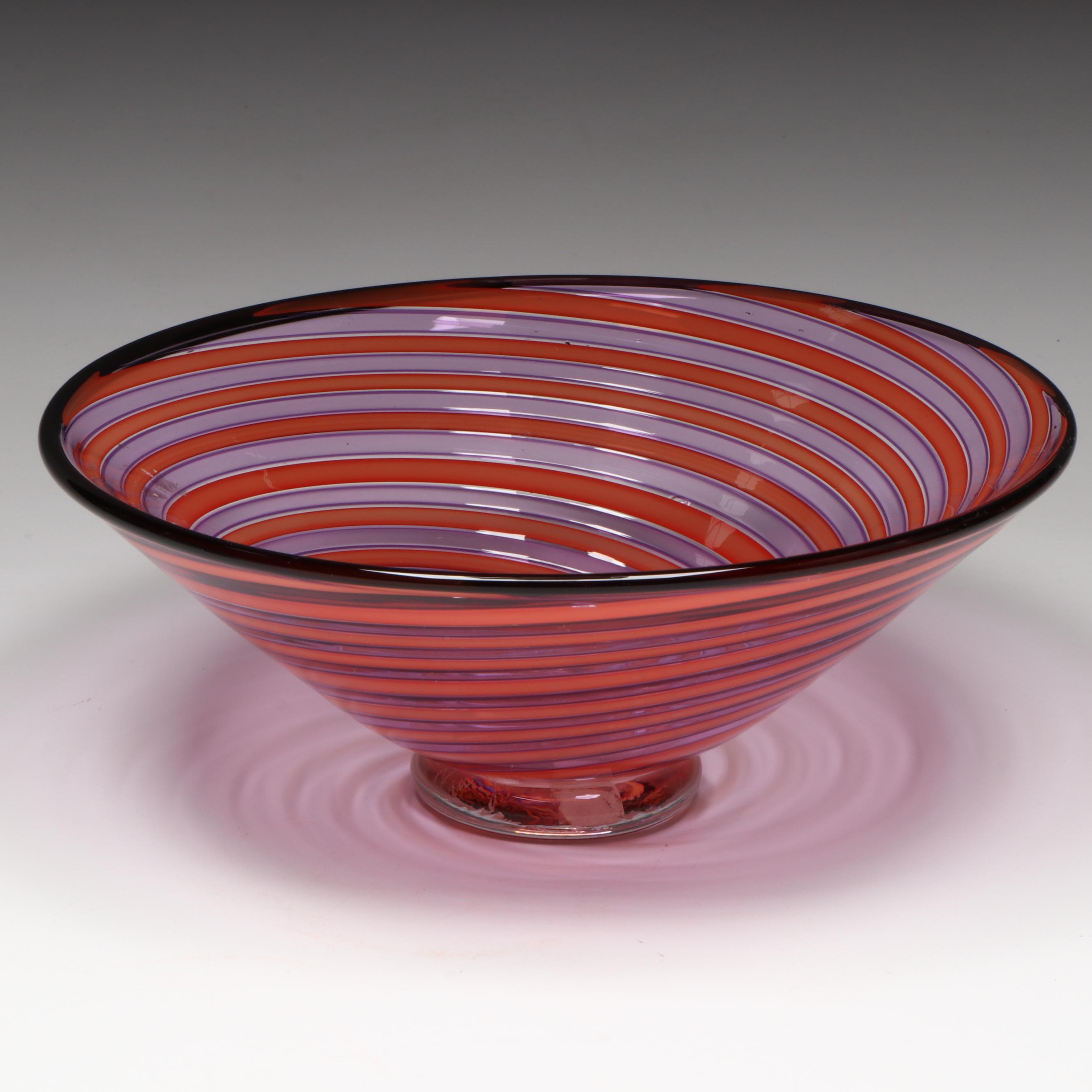 Artist Signed Glass Cake Stand and Swirl Glass Decorative Bowl