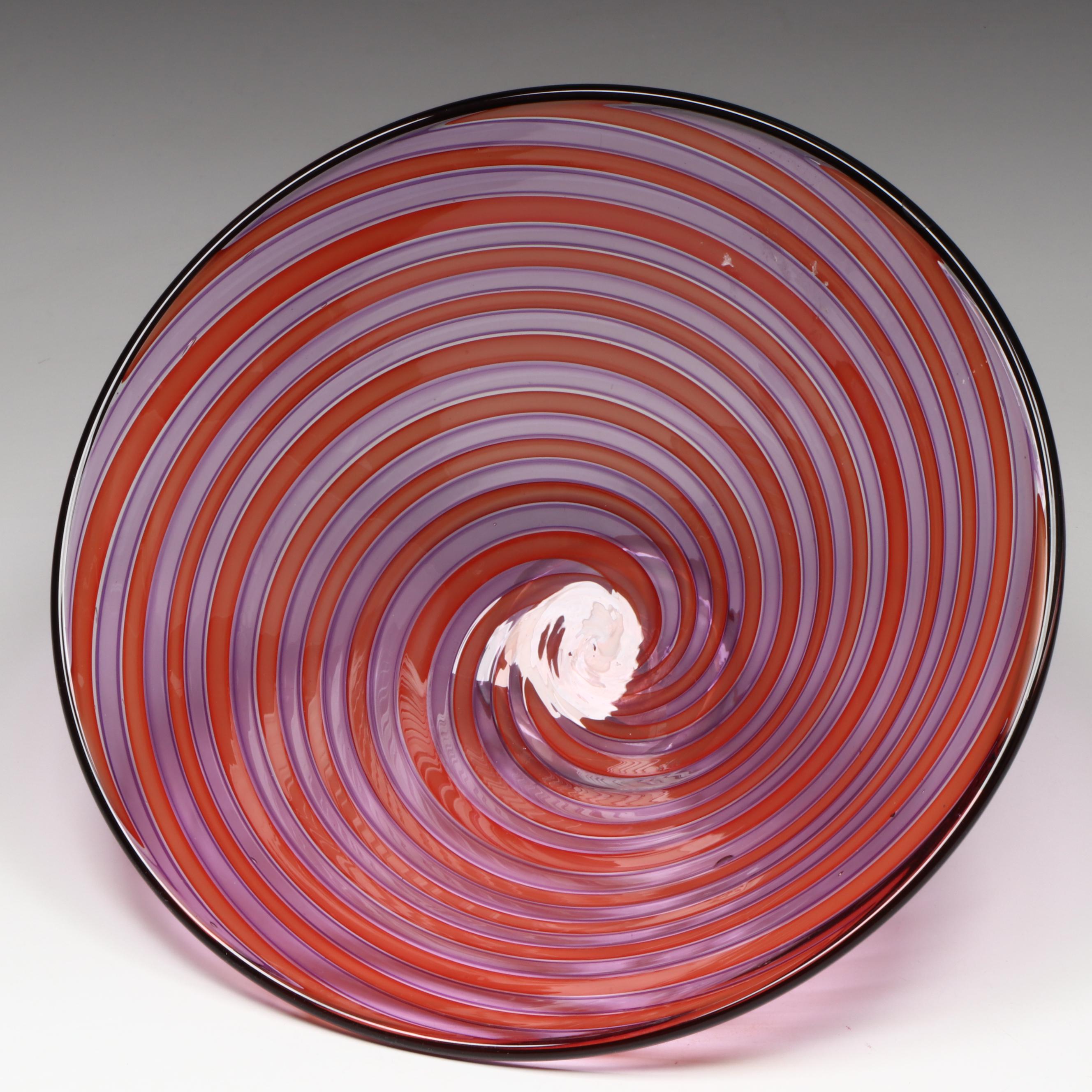 Artist Signed Glass Cake Stand and Swirl Glass Decorative Bowl