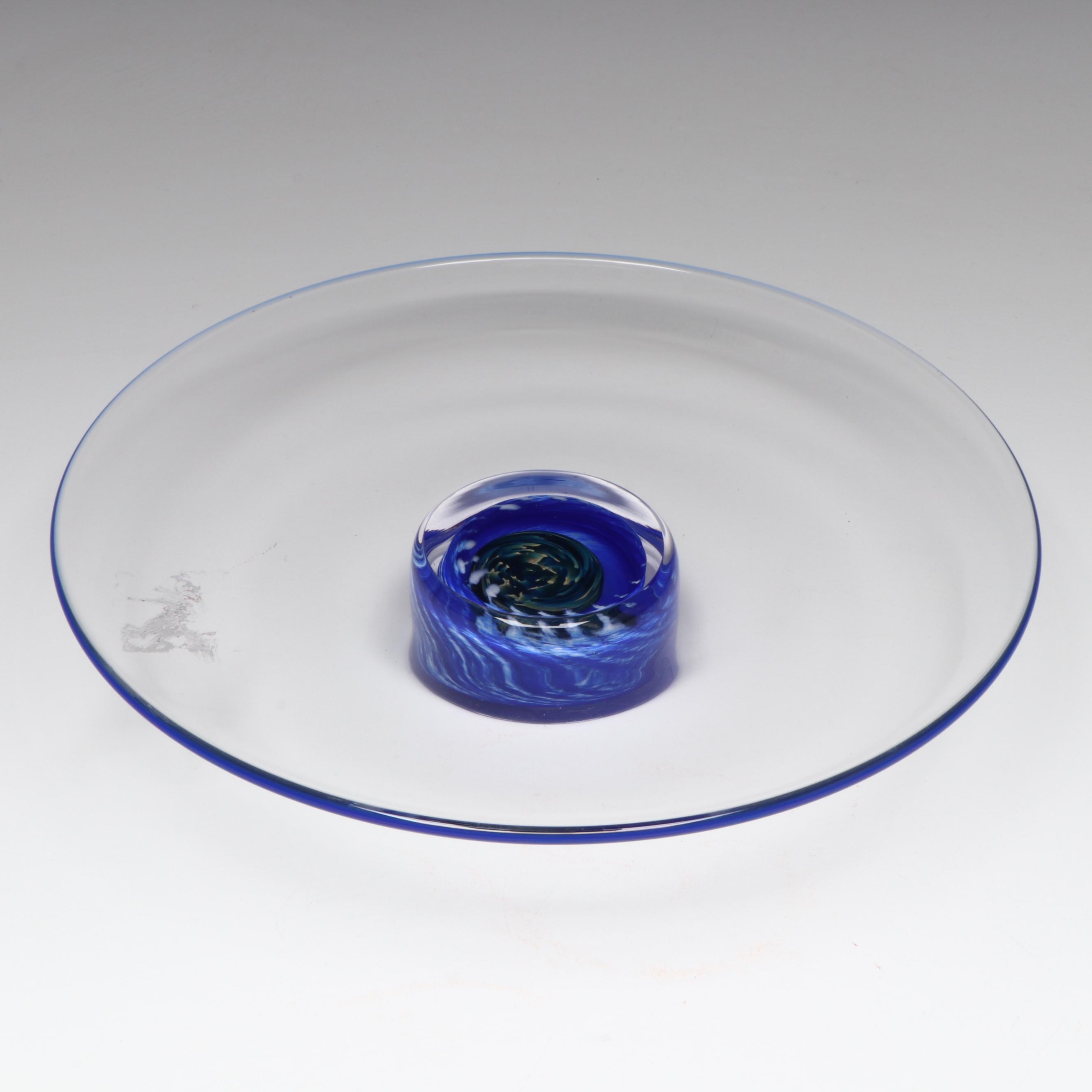 Artist Signed Glass Cake Stand and Swirl Glass Decorative Bowl