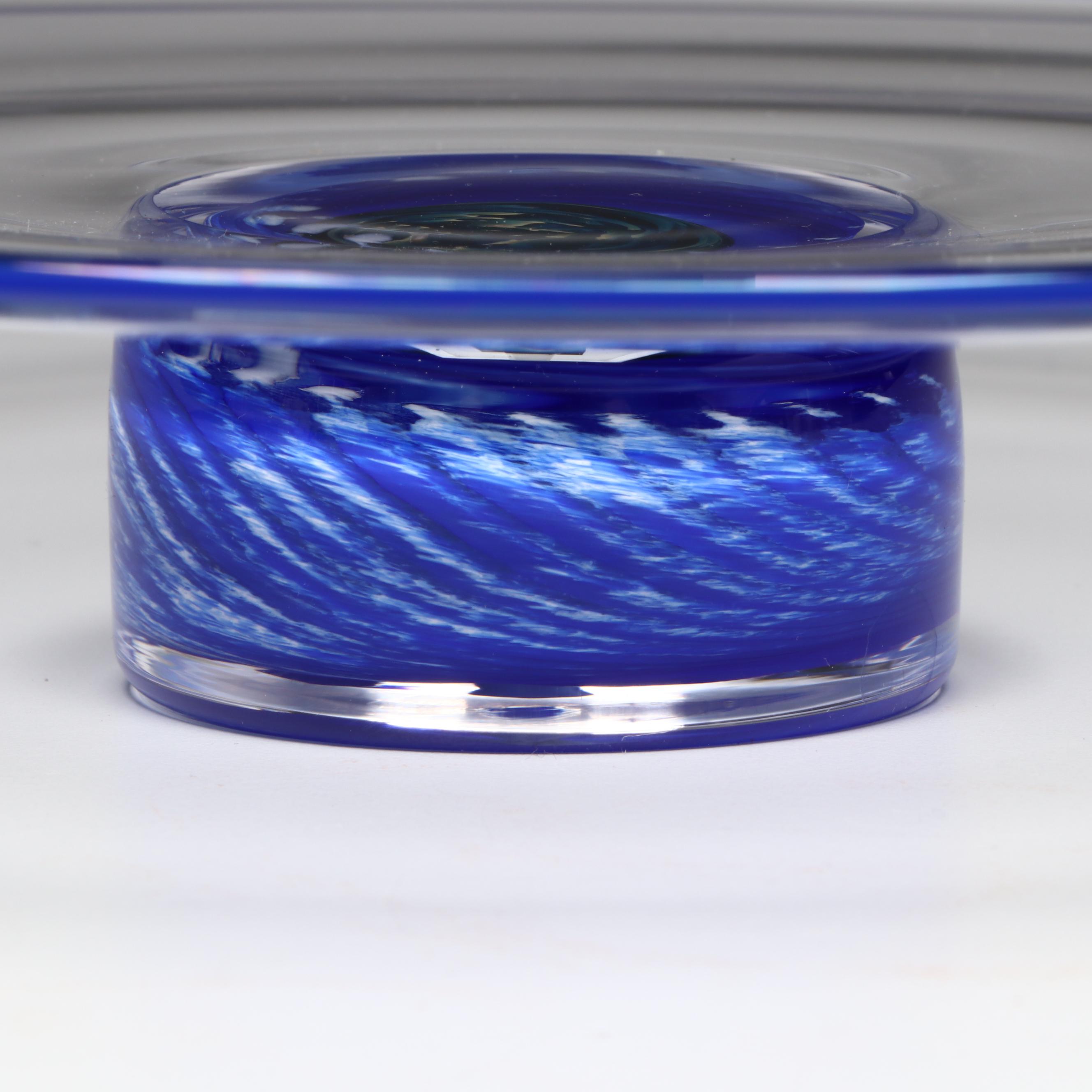 Artist Signed Glass Cake Stand and Swirl Glass Decorative Bowl