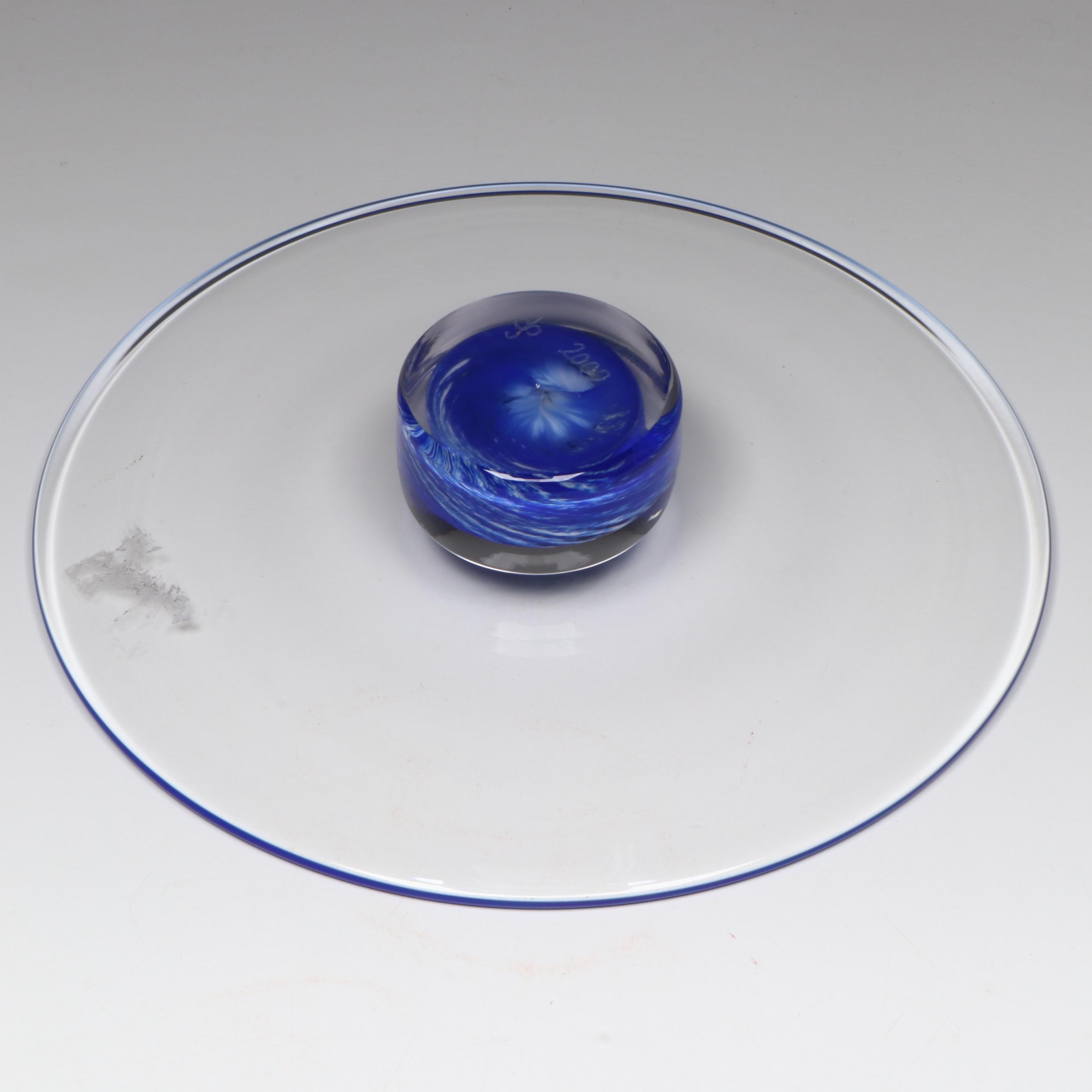 Artist Signed Glass Cake Stand and Swirl Glass Decorative Bowl