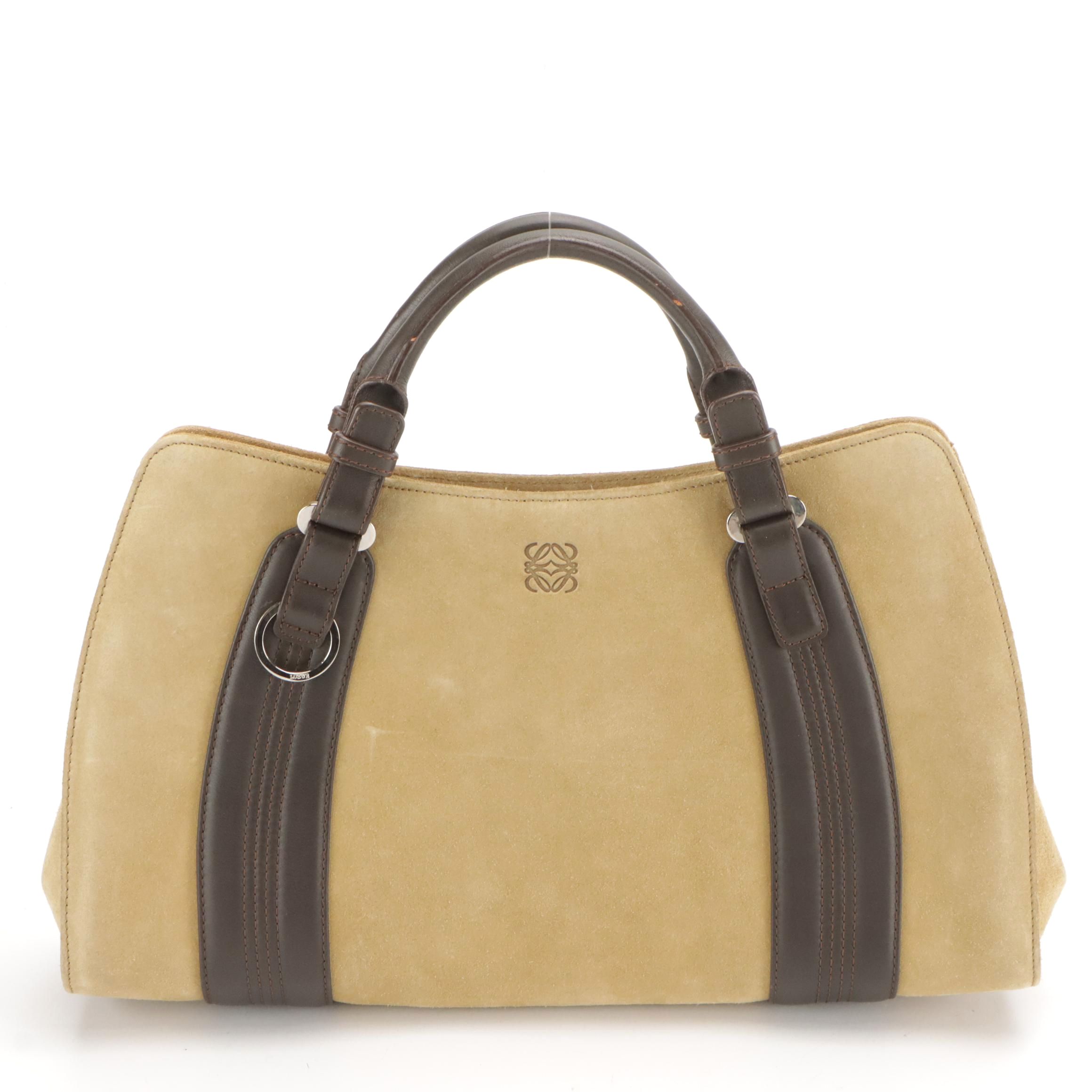 Loewe Anagram Logo Handbag in Beige Suede and Leather Trim