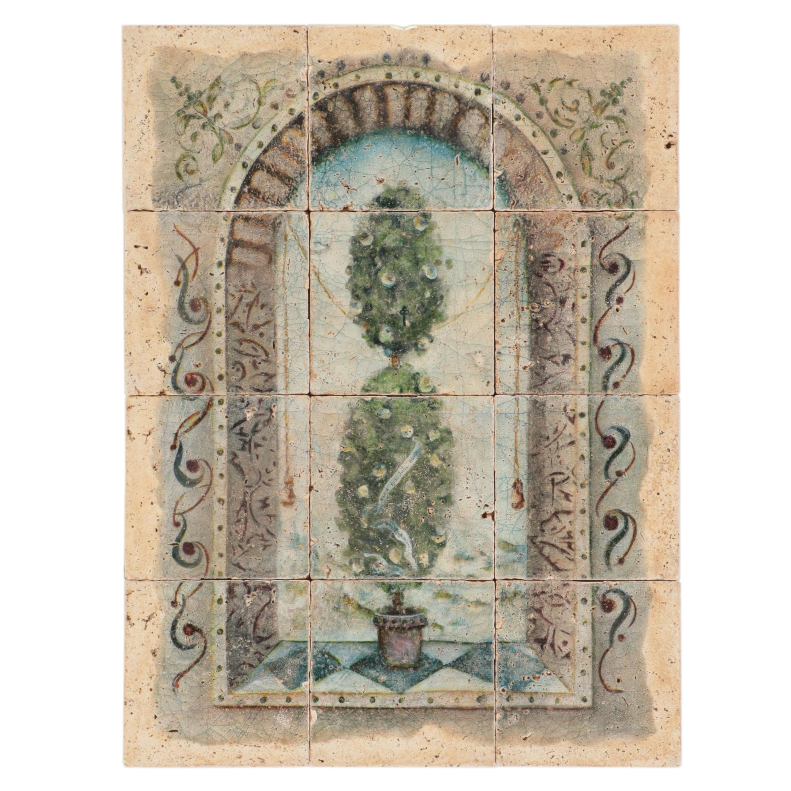 Studio Vertu "Topiary" Italianate Painted Faux Marble Tile Wall Hanging