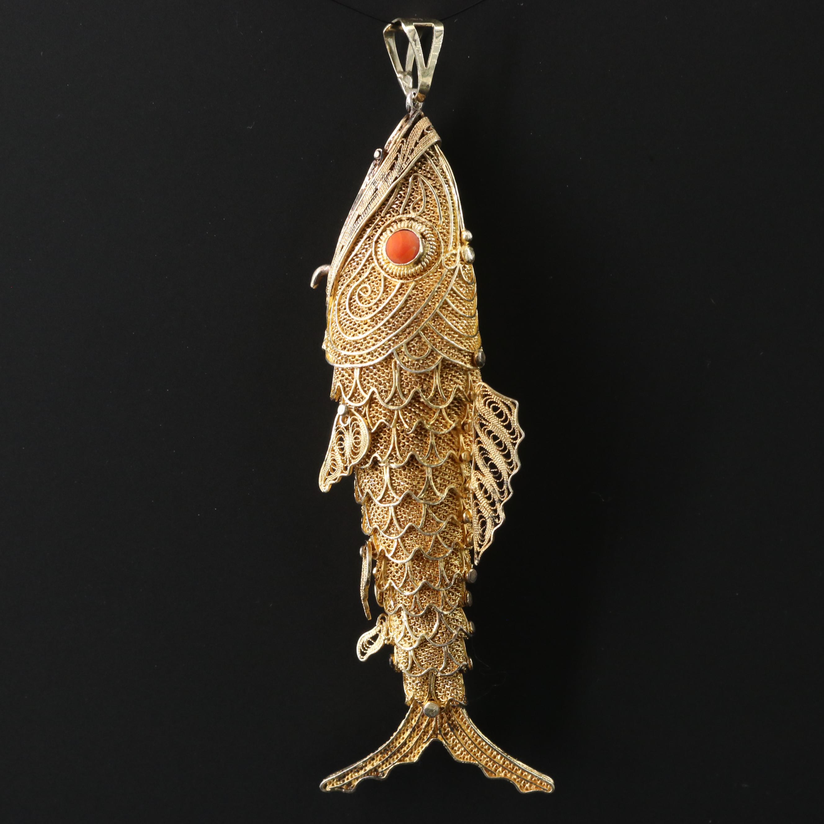 Chinese Export Sterling Filigree Articulated Fish Pendant with Coral Eyes