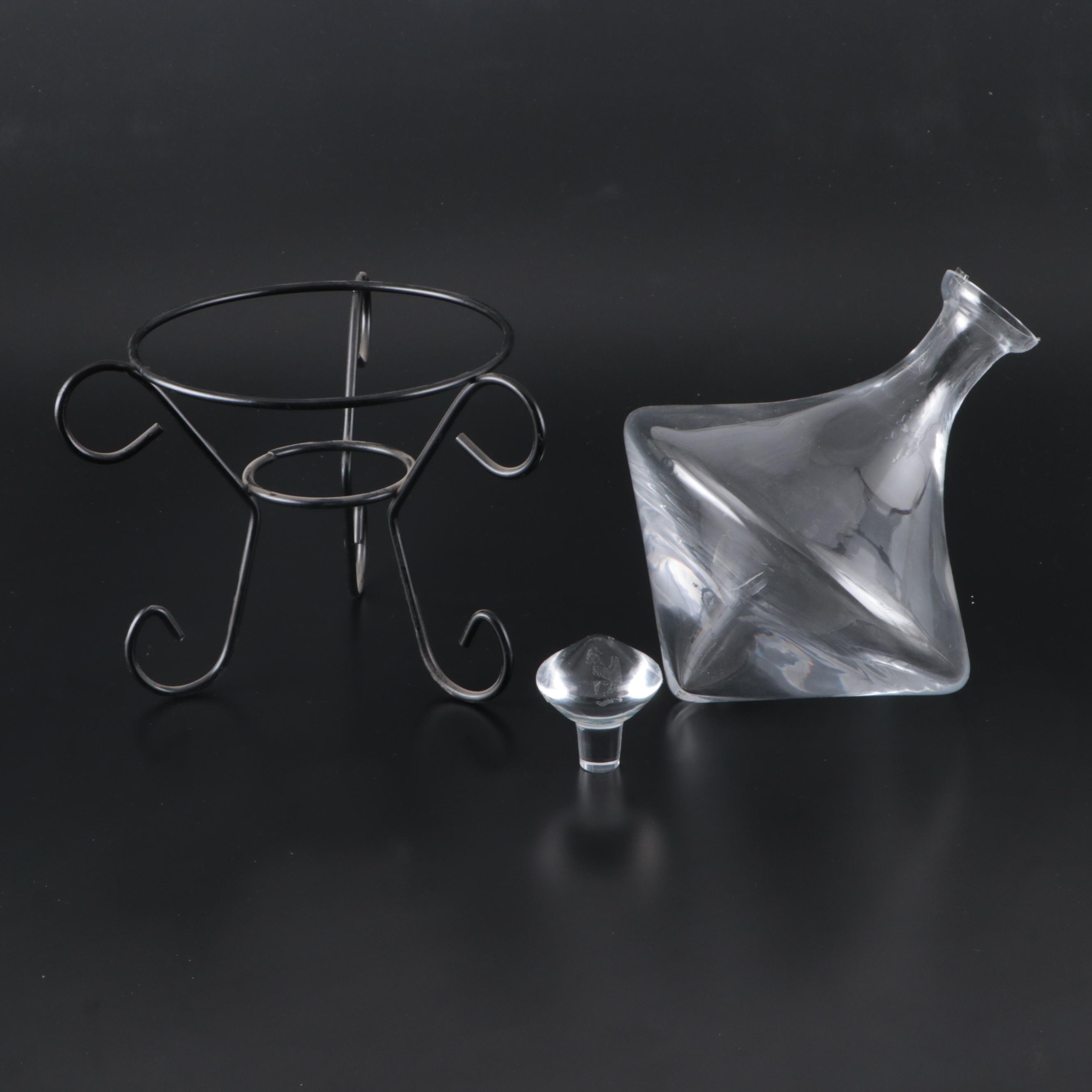 Etched Glass Decanter, Decanter with Metal Stand, Cake Stand and Decorative Bowl