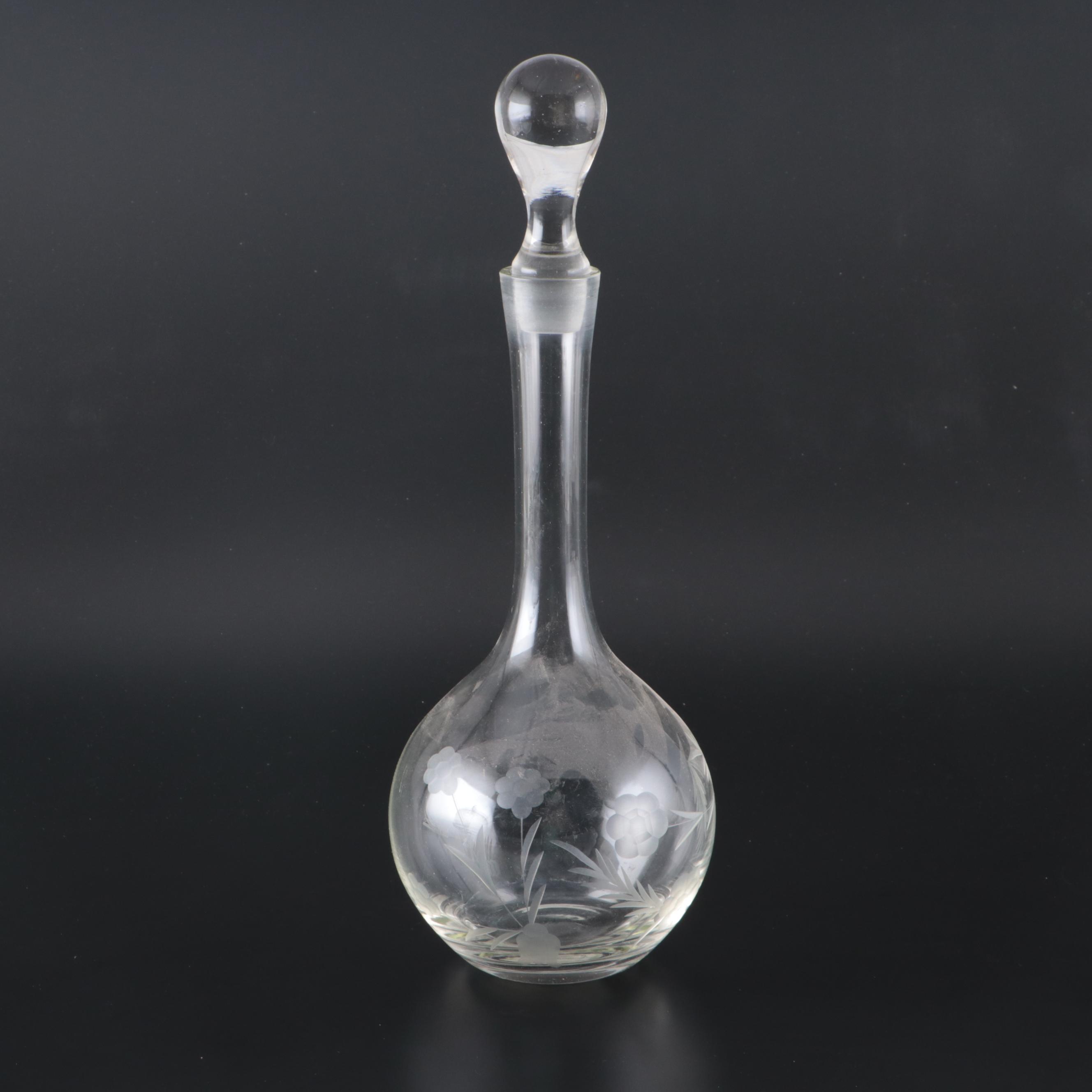 Etched Glass Decanter, Decanter with Metal Stand, Cake Stand and Decorative Bowl