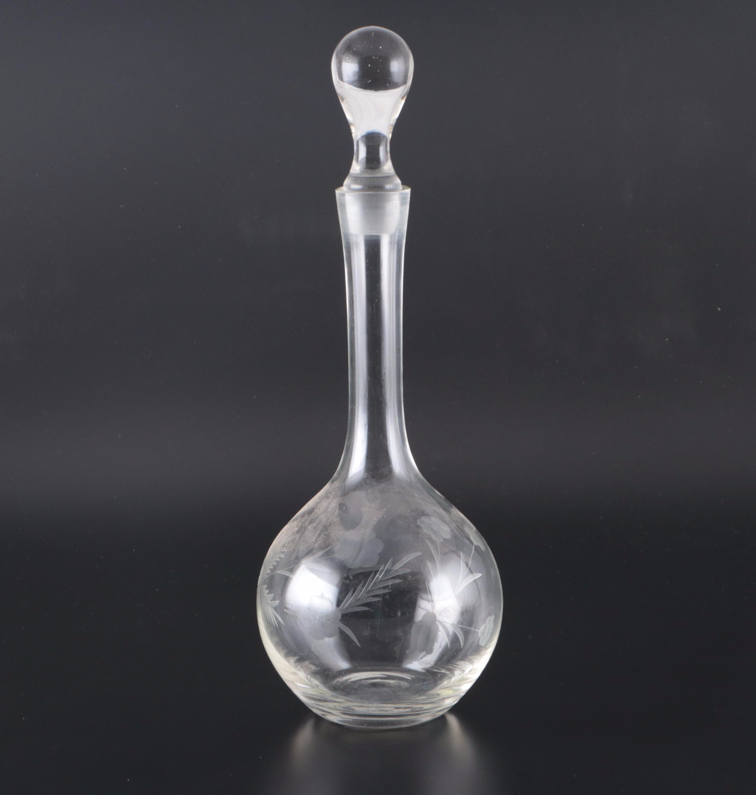 Etched Glass Decanter, Decanter with Metal Stand, Cake Stand and Decorative Bowl