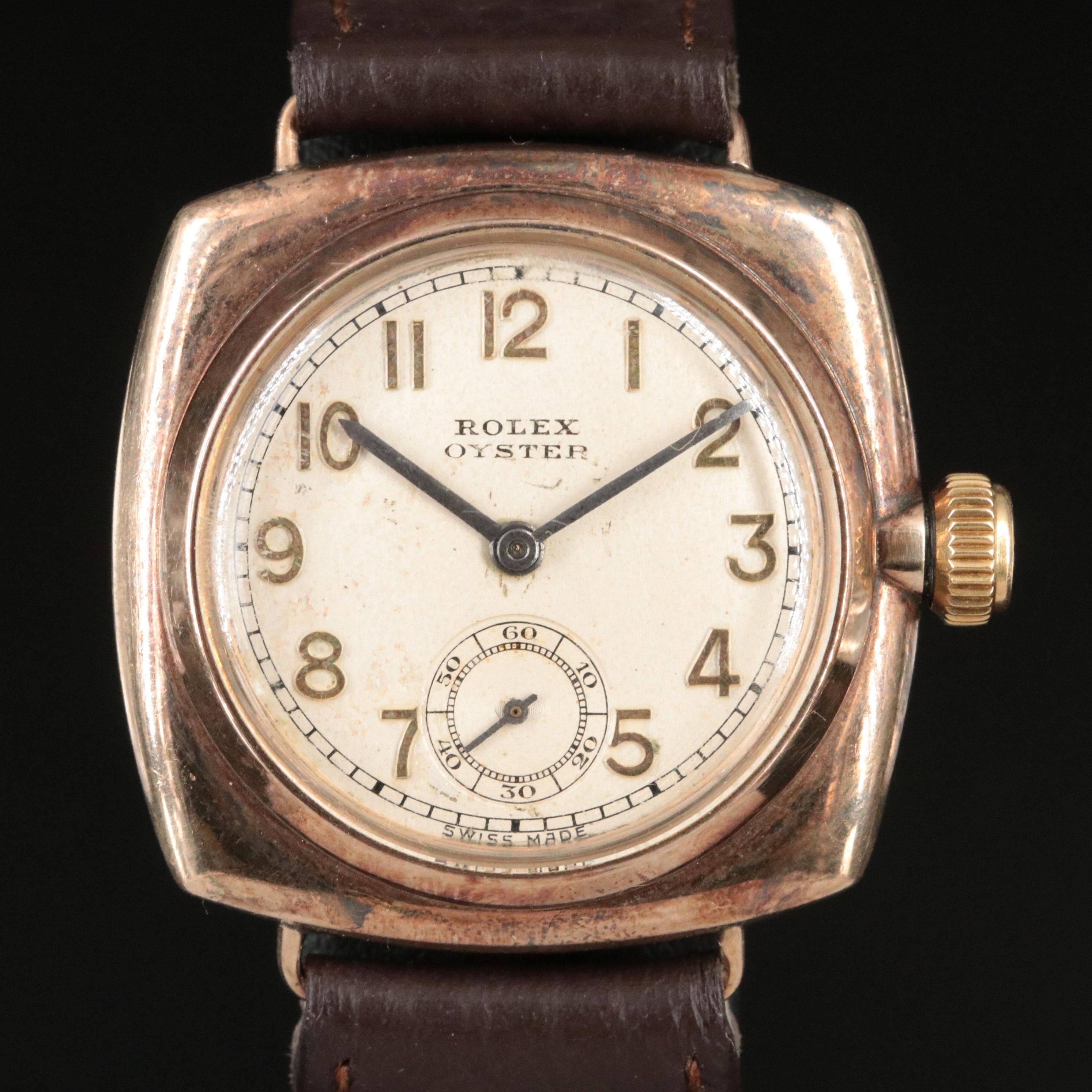 Antique 1928 Rolex Oyster 9K Gold Cushion Shape Watch