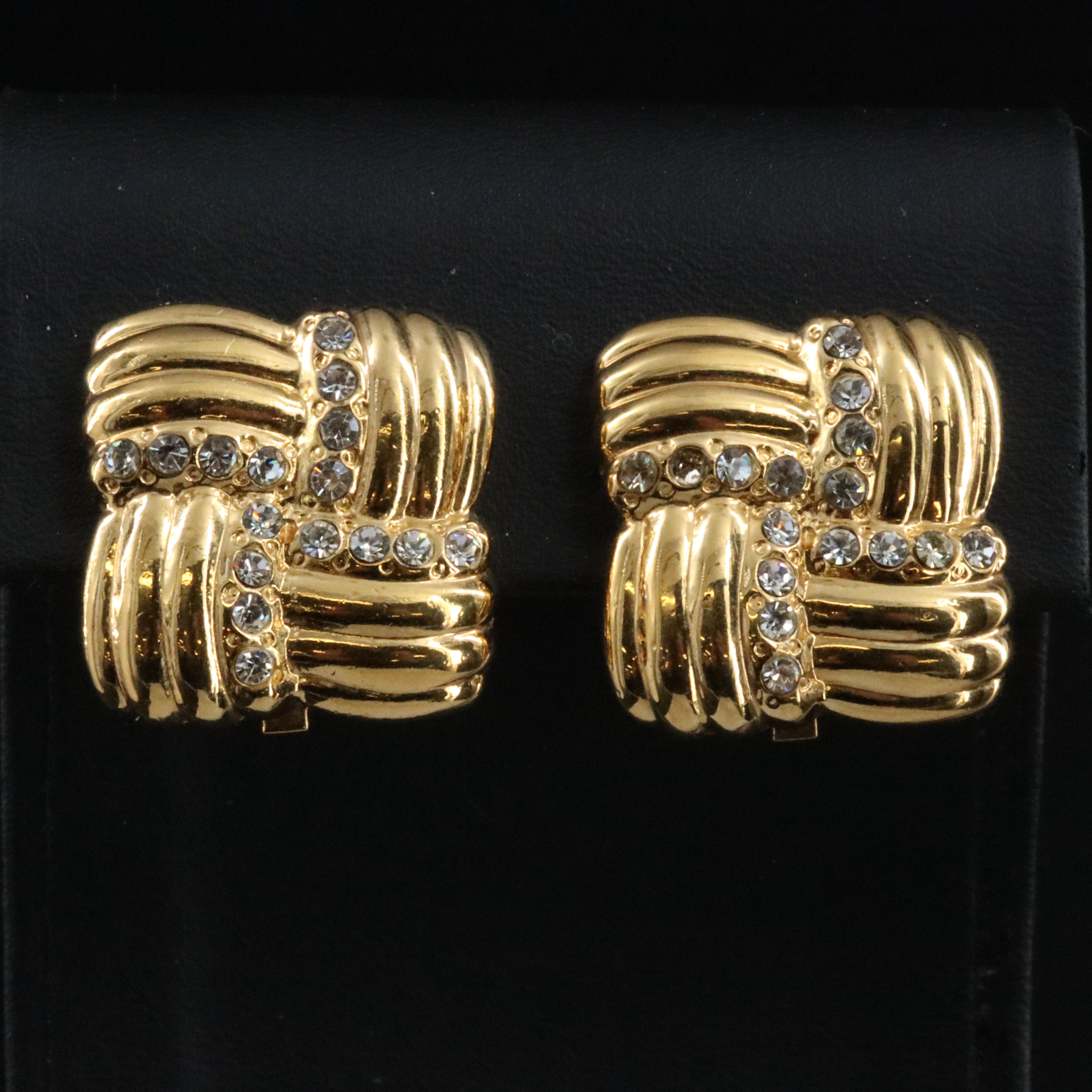 Yves St Laurent Cushion Shape Crystal Clip Earrings