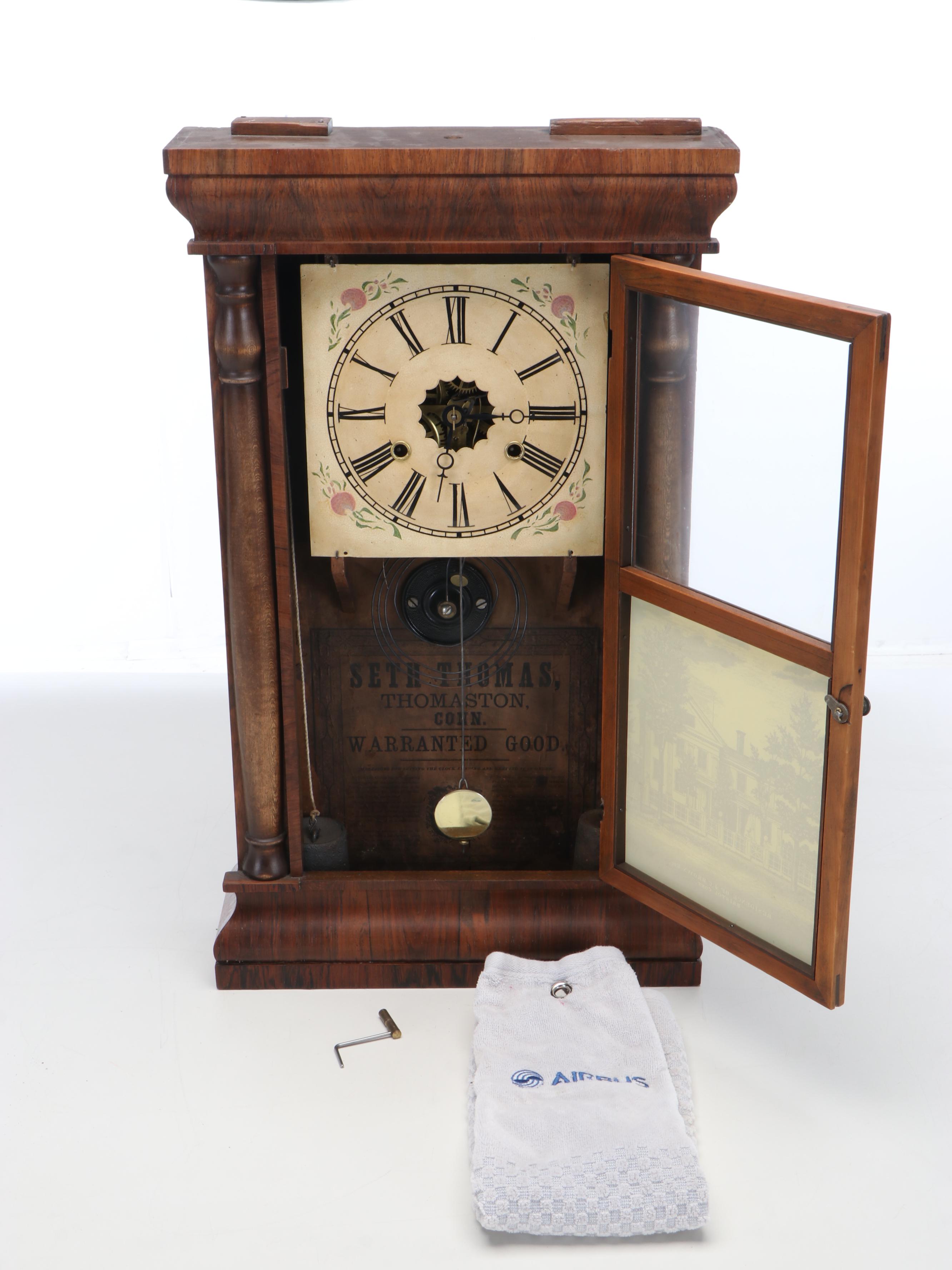 Seth Thomas Flame Mahogany Veneer Ogee Mantel Clock, Mid to Late 19th Century