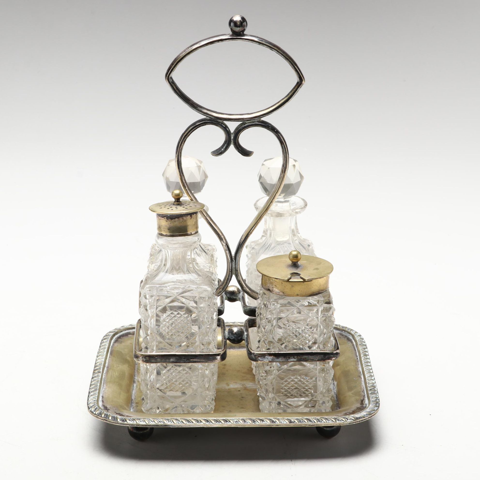 English Victorian Silver Plate Condiment Caddy with Cut Glass Cruets