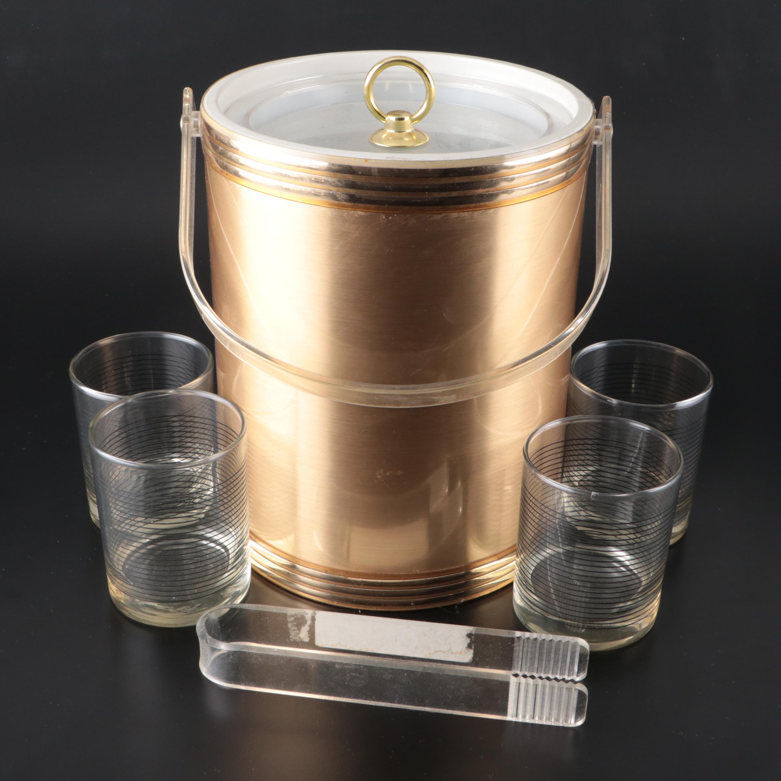 Gold Finish Plastic Ice Bucket with Horizontal Ribbed Glass Lowball Glasses