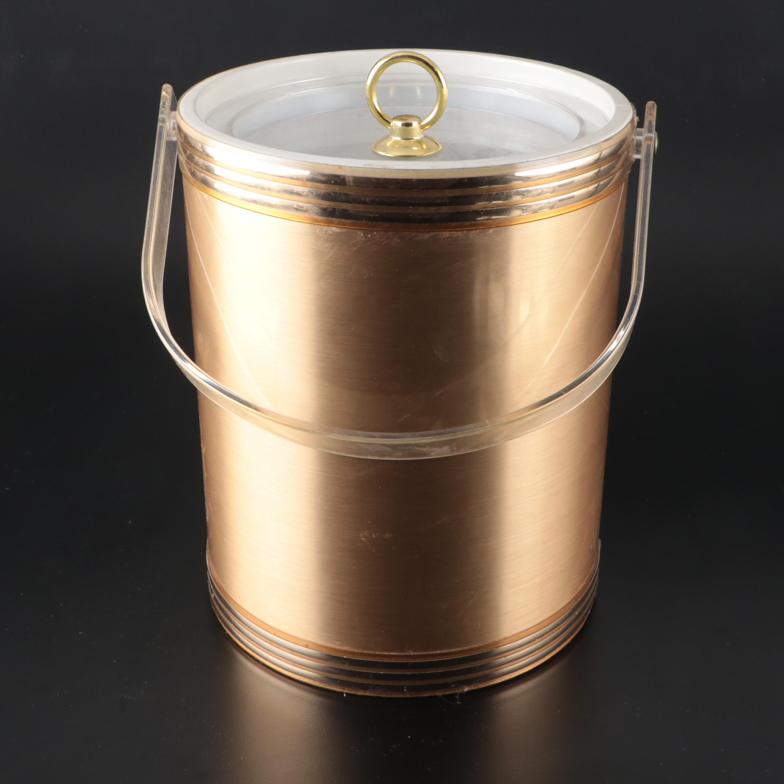 Gold Finish Plastic Ice Bucket with Horizontal Ribbed Glass Lowball Glasses