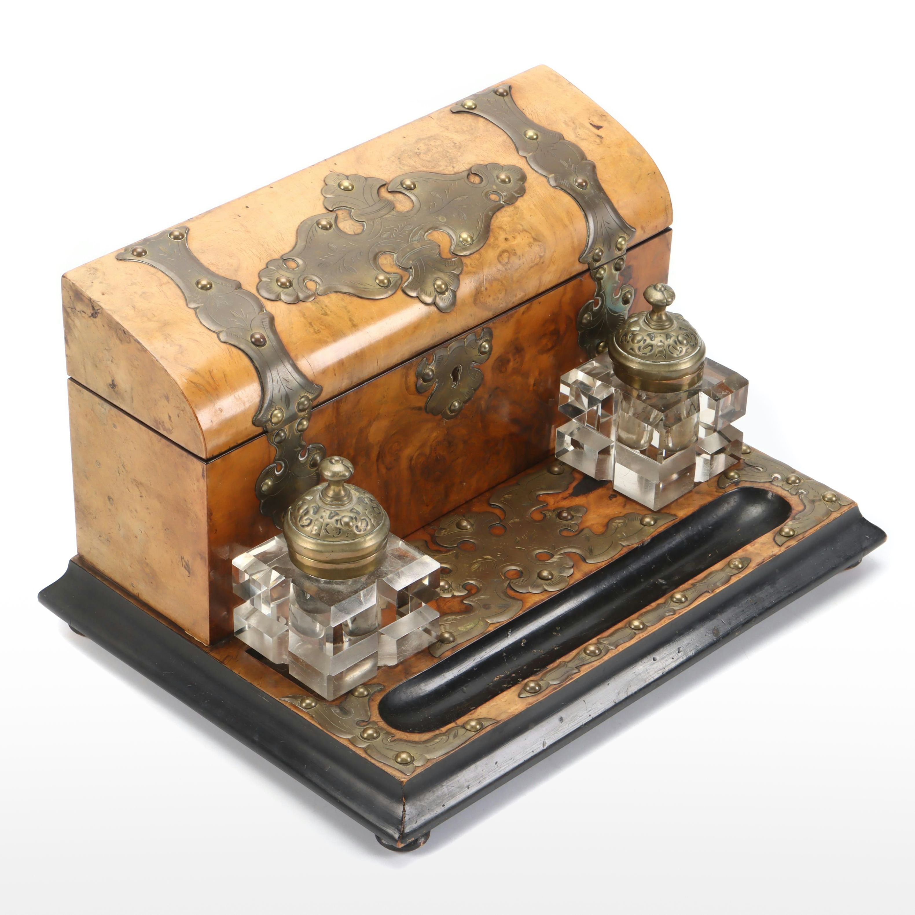 Victorian Double Inkwell Desk Set with Walnut Burl Letter Box