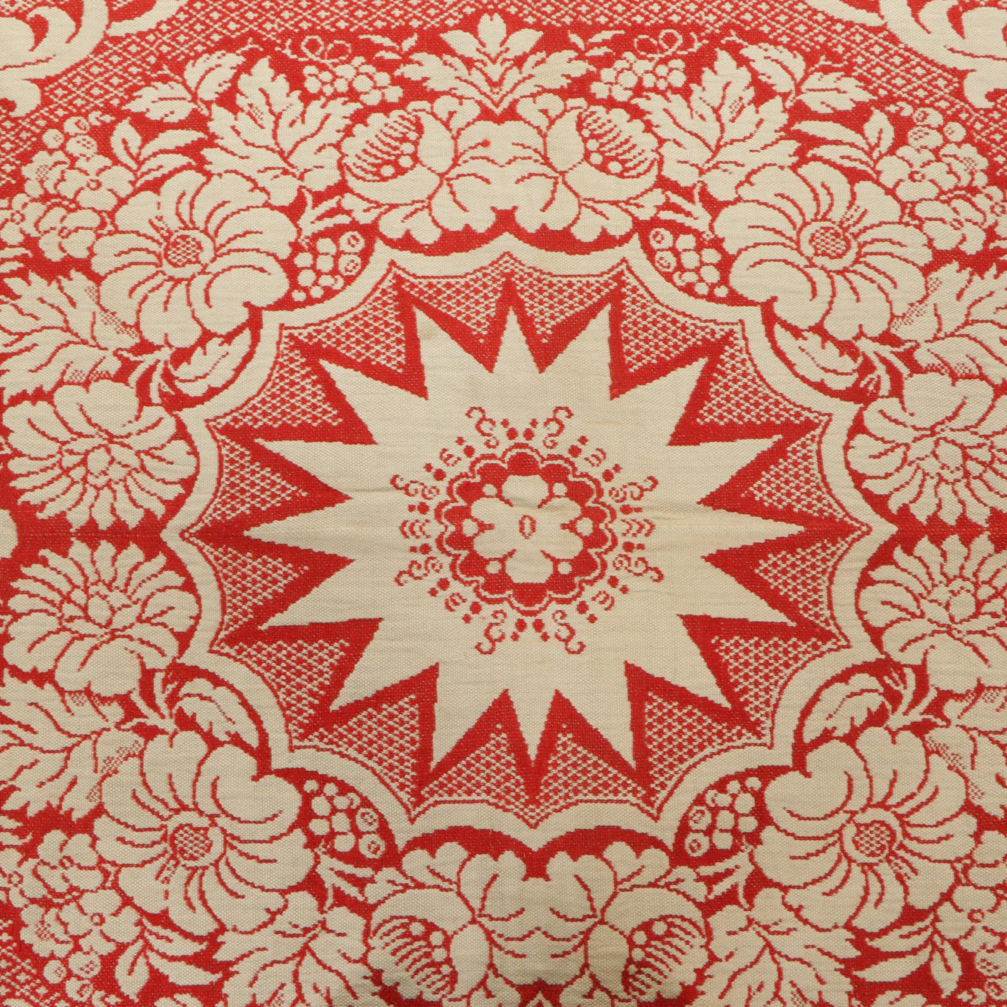 American Eagle and Star Red and White Jacquard Loomed Coverlet