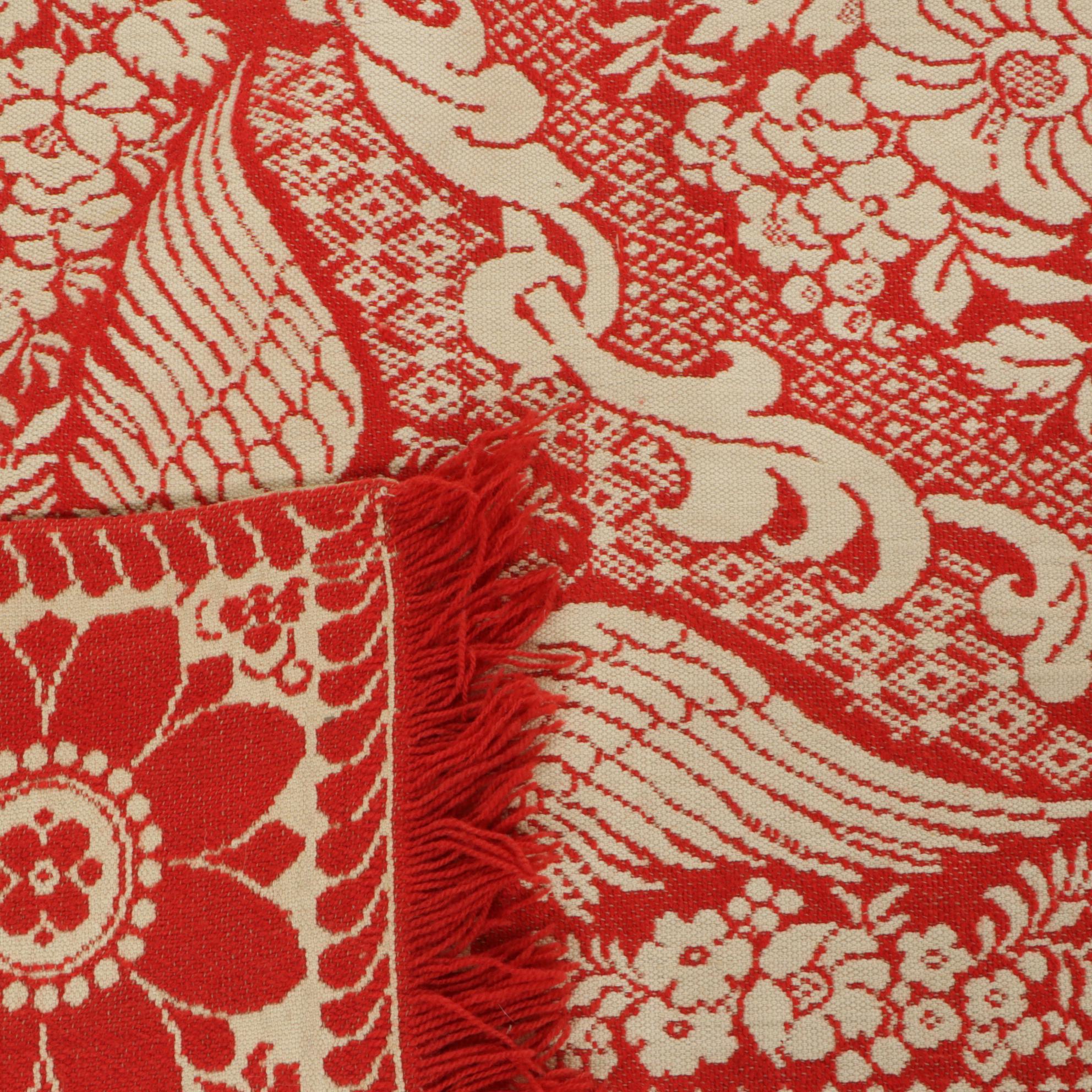 American Eagle and Star Red and White Jacquard Loomed Coverlet