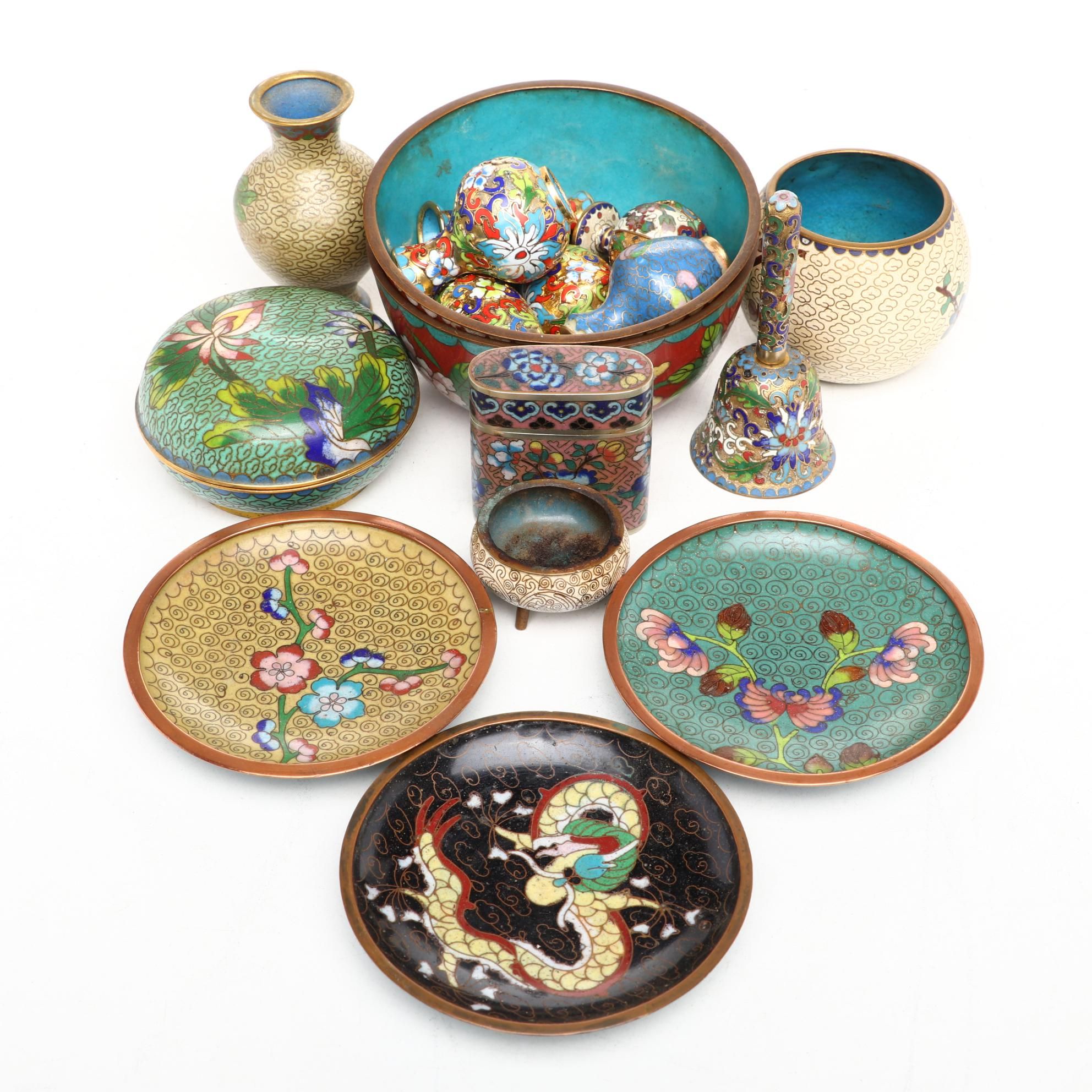 Chinese Cloisonné Enamel on Brass Plates, Bowls, Mini Vases and More