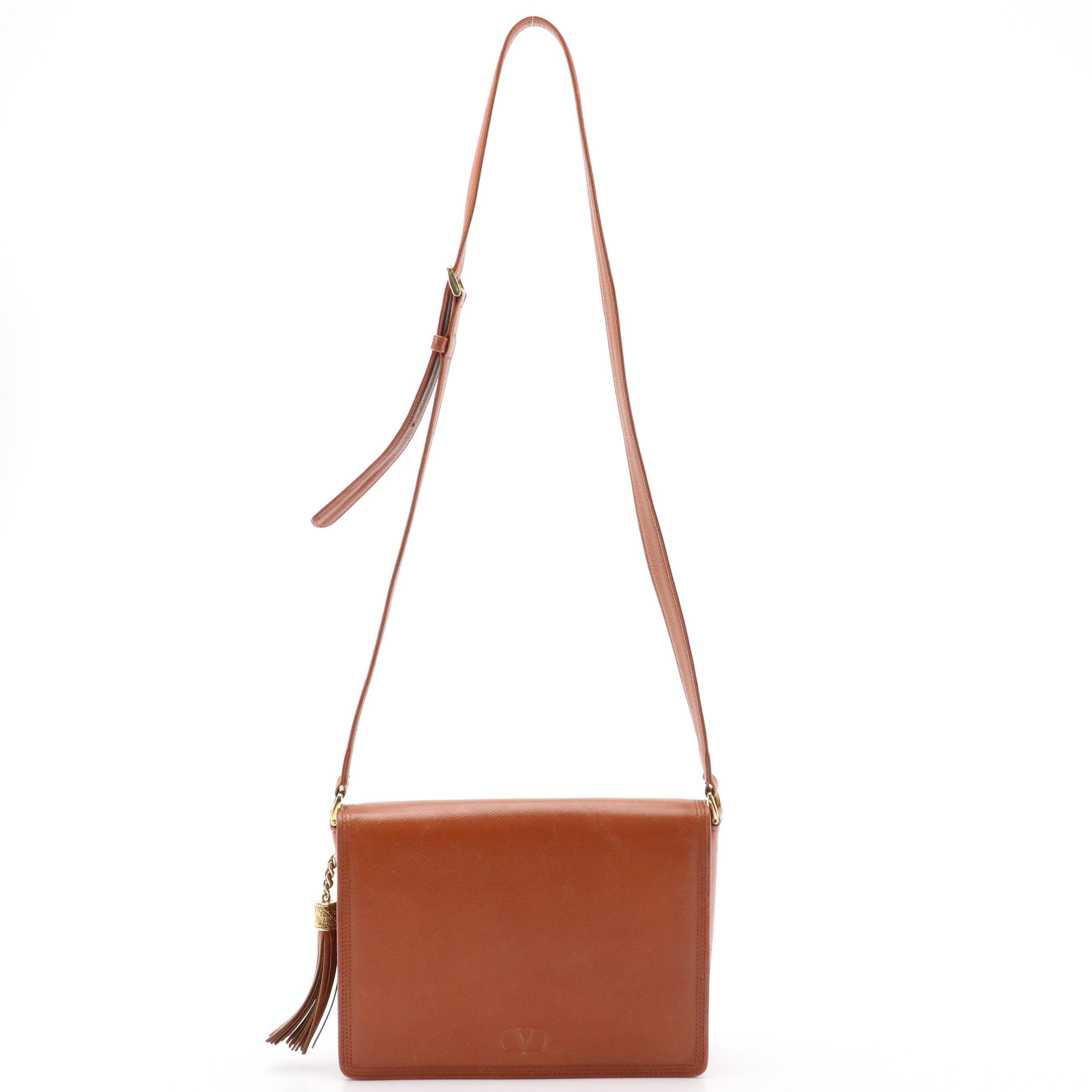 Valentino Garavani Caramel Brown Leather Front-Flap Crossbody Bag with Tassel