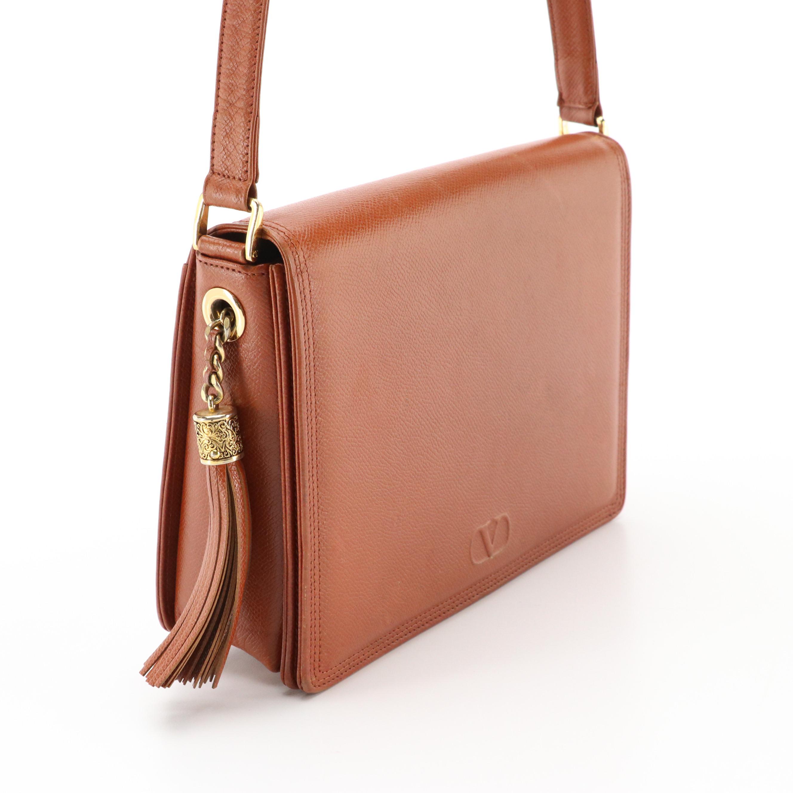 Valentino Garavani Caramel Brown Leather Front-Flap Crossbody Bag with Tassel