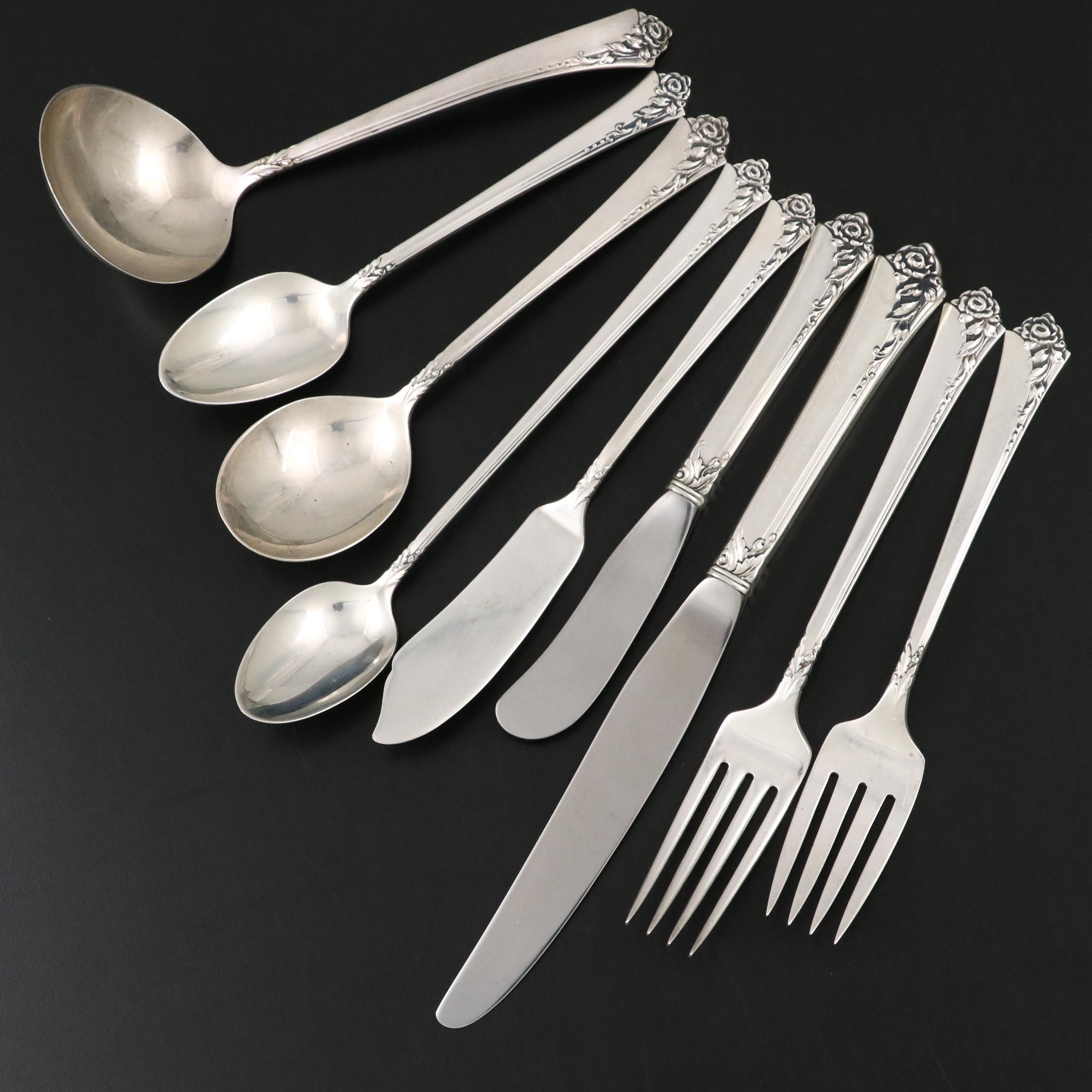 Oneida Heirloom Sterling Silver "Damask Rose" Flatware and Wooden Storage Chest