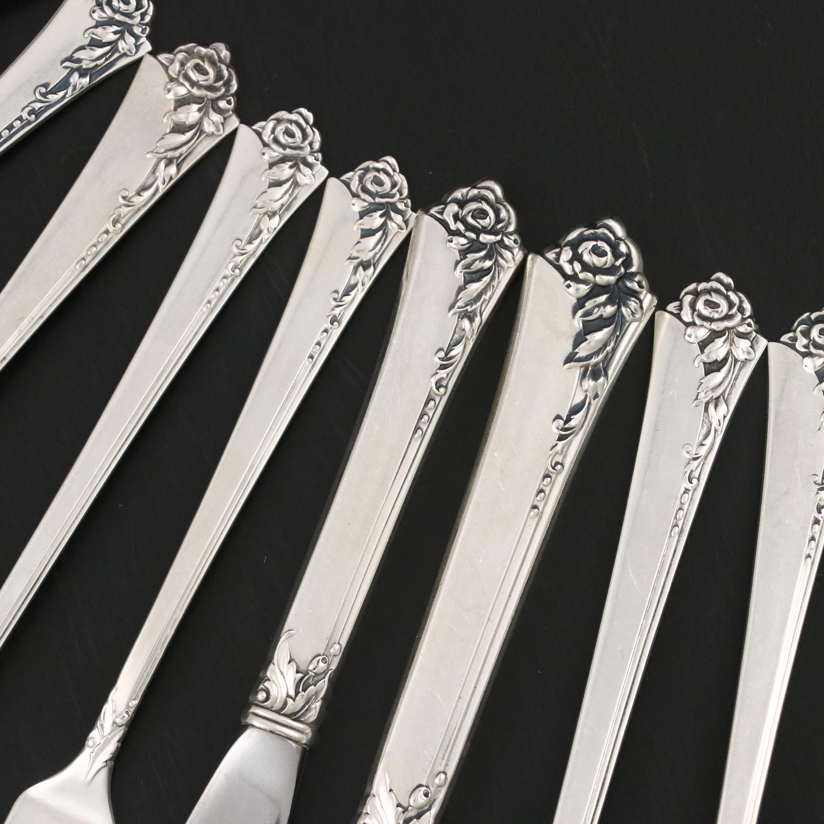 Oneida Heirloom Sterling Silver "Damask Rose" Flatware and Wooden Storage Chest