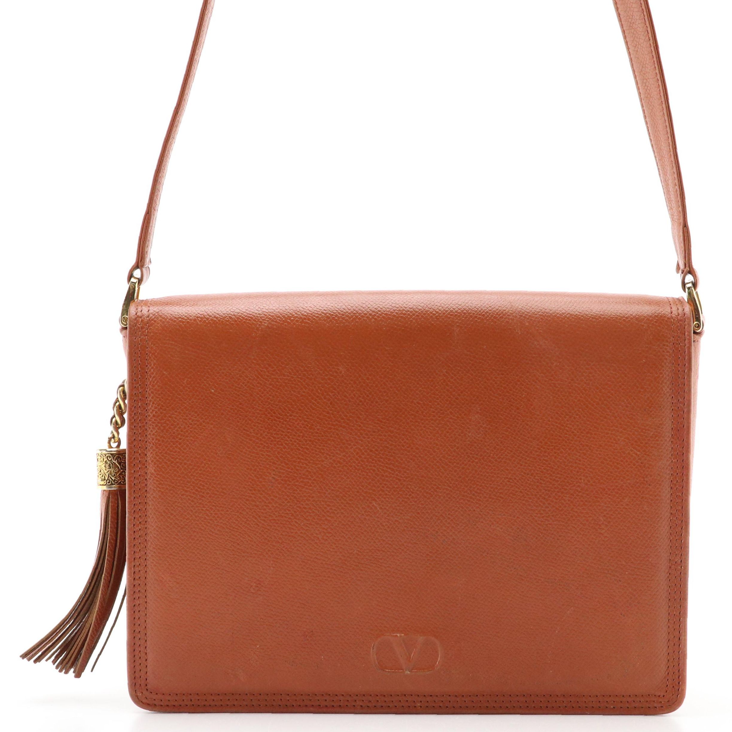 Valentino Garavani Caramel Brown Leather Front-Flap Crossbody Bag with Tassel