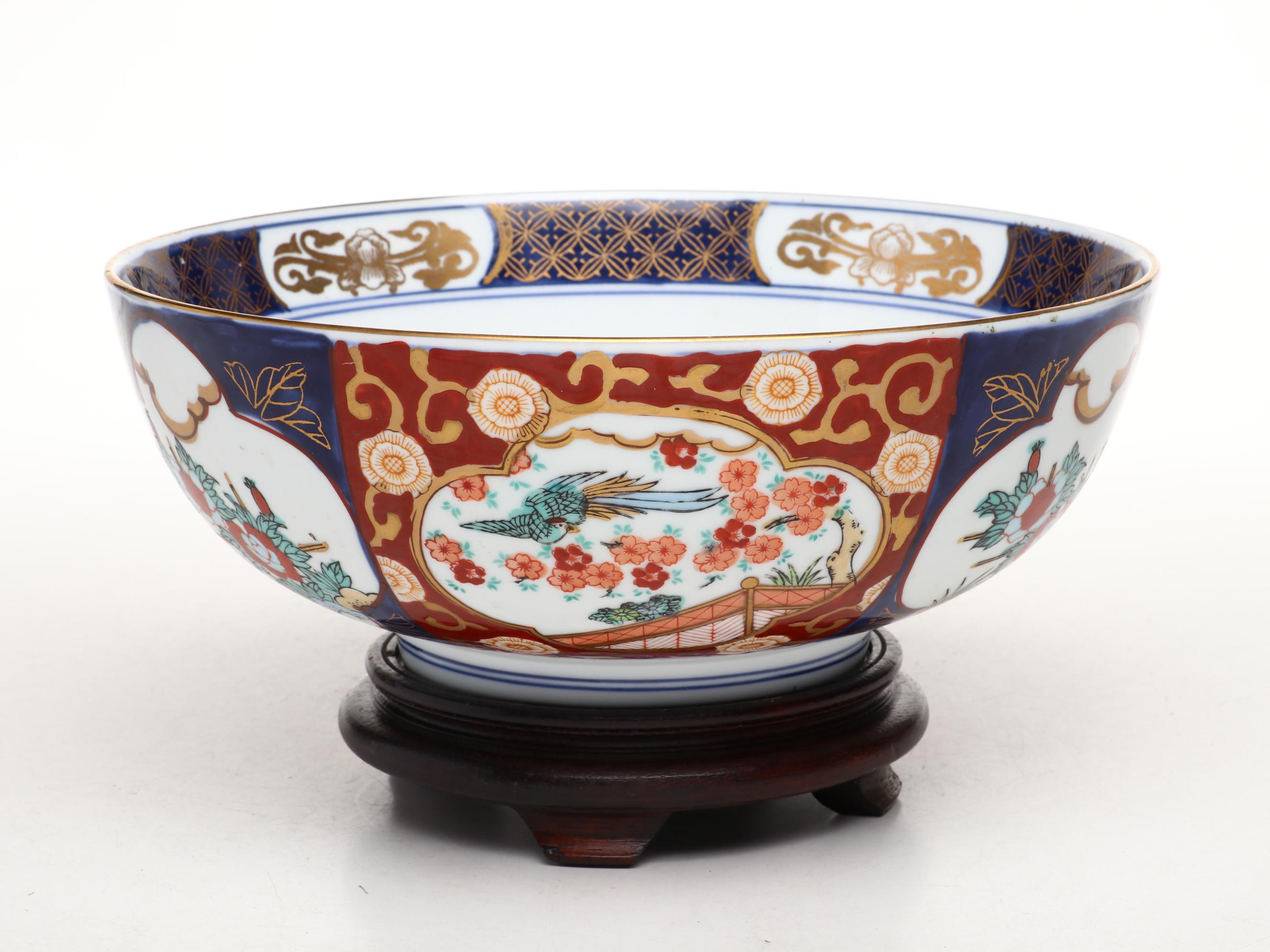Japanese Gold Imari Porcelain Bowl with Wooden Base